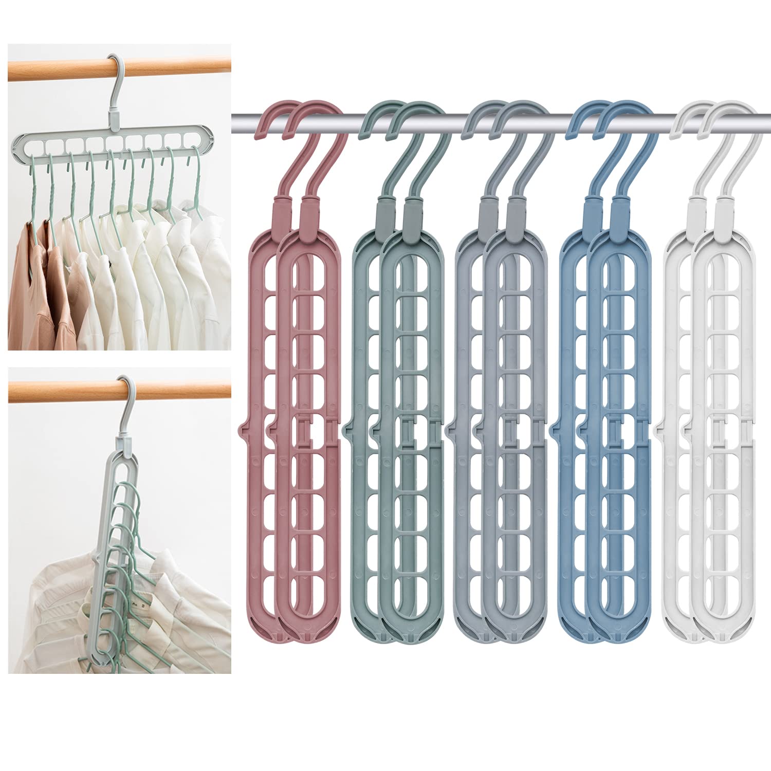 Space Saving Hanger, 10 Pack Closet Organizers and Storage with 9 Holes, Smart Closet Organizer Premium Wardrobe Clothing Cascading Hanger for Heavy Clothes, Shirts Pants Dresses Coats