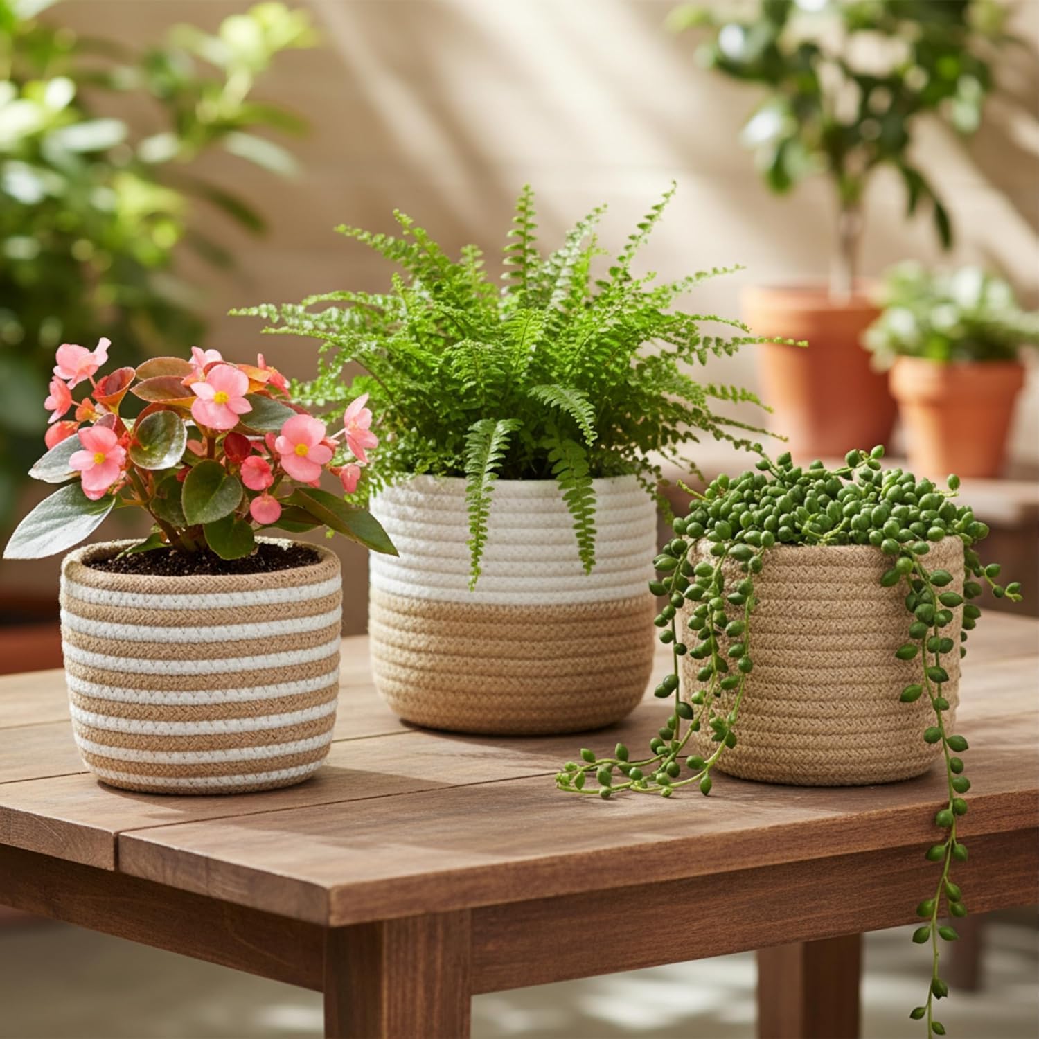Jute Planter Pots/Round Storage Basket With Handle,Multi-Purpose Use For Bathroom Living Room,Kitchen,Office (Small-Combo Pack-3-6x6x6 inches)-image-14