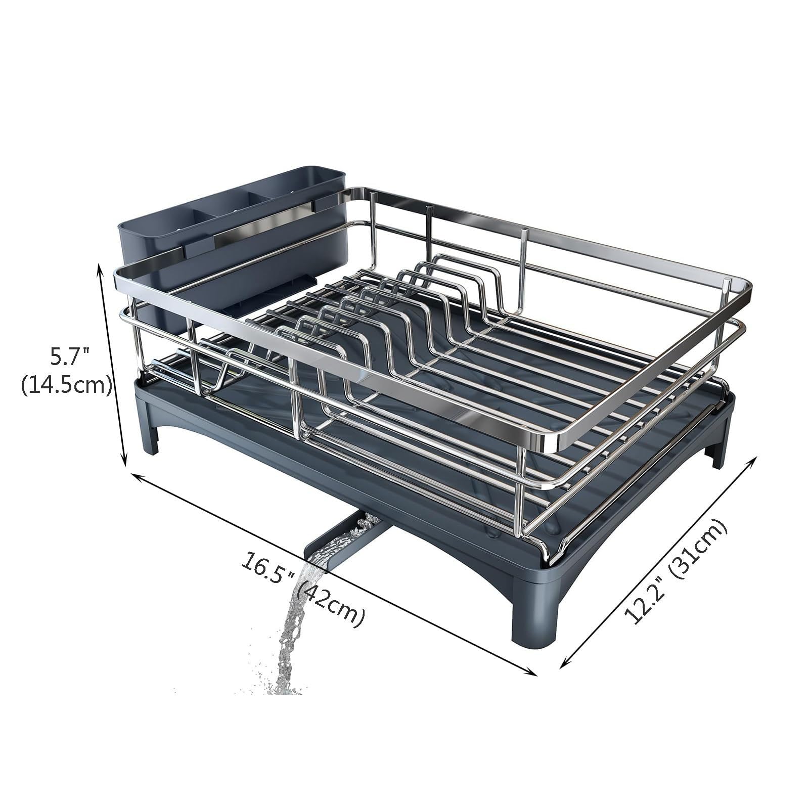 Abtropfgestell Geschirr Platzsparender Küchen-Trockenständer aus Edelstahl mit abnehmbarer Tropfschale und Besteckhalter 360°Drehbarem Auslauf Multifunktionaler Küchenorganizer 42*31*14.5cm
