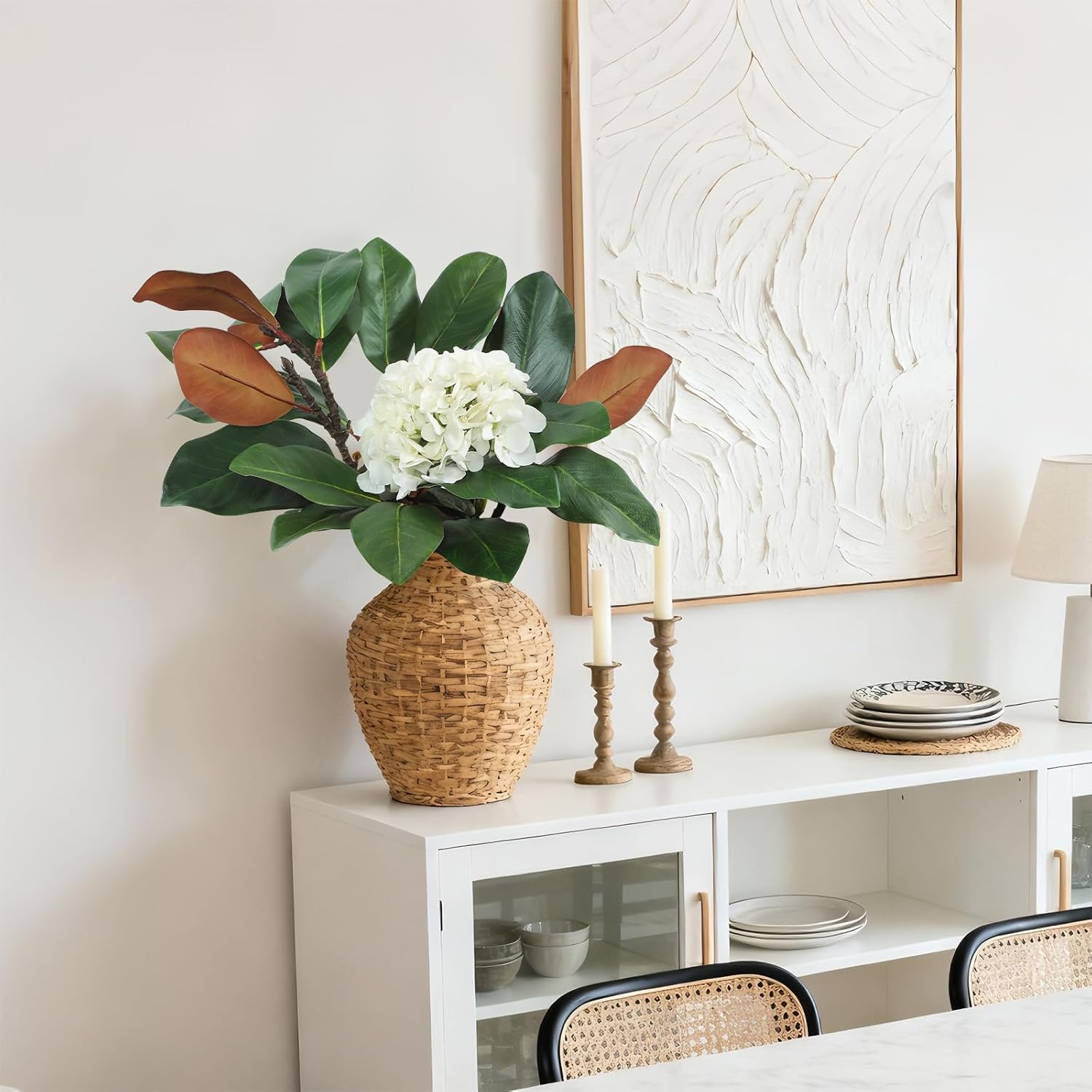 Coferset 5PCS Magnolia Artificial Stems 22 Inch Faux Magnolia Leaves 3D Real Touch Magnolia Branches Fake Greenery Twigs for Indoor Table Vase Office Home Wedding Floral Arrangement