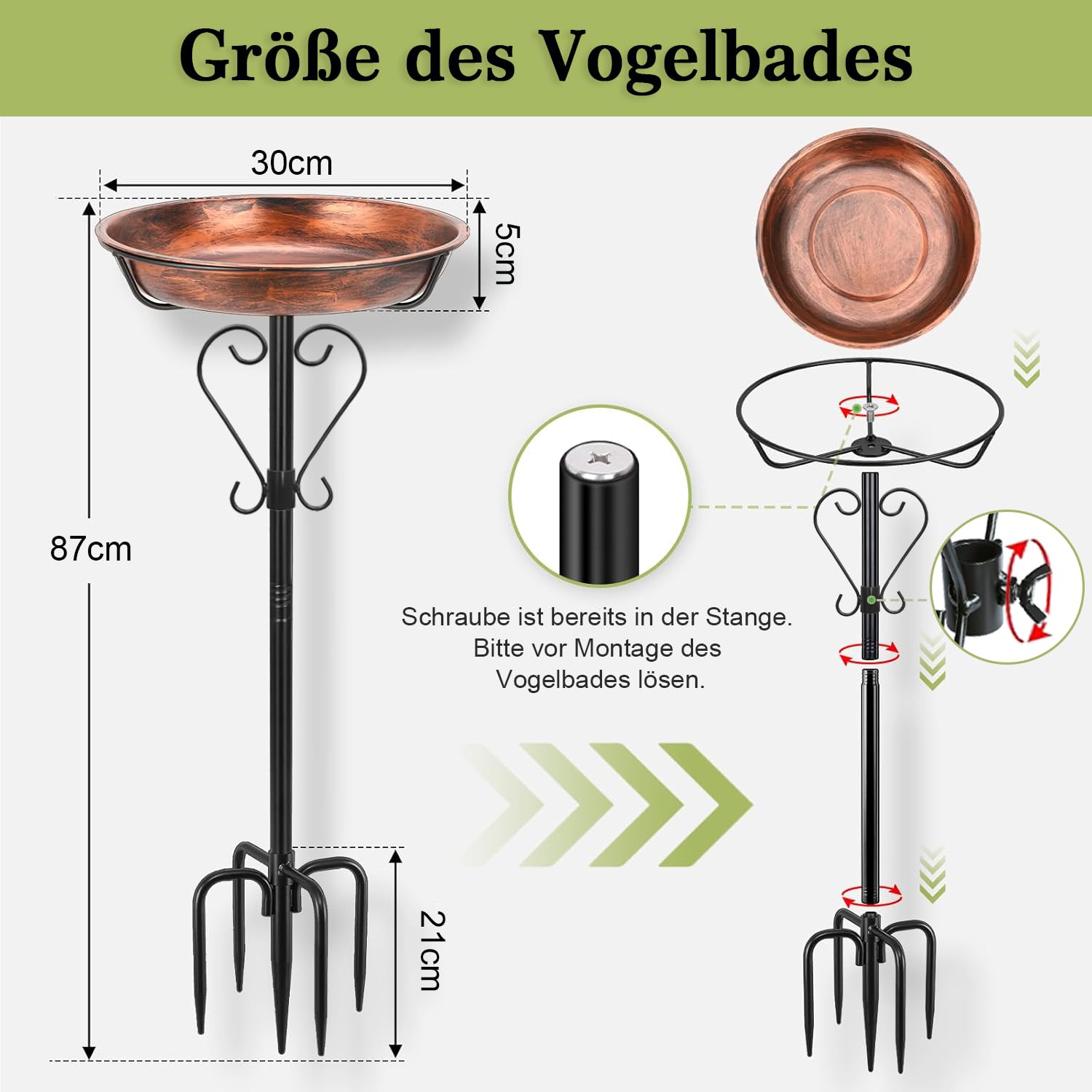 GREELUE Vogeltränke Stehend 30CM, Vogelbad für Garten Balkon, Metall Wassertränke für Wildvögel, Futter Schale Vogelbad Gartendeko Bird Bath (Antike Bronze-30cm)