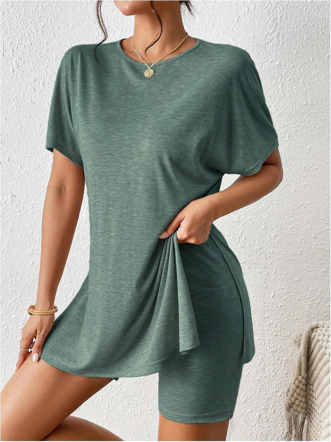 SOLY HUX Women's 2 Piece Summer Casual Outfits Short Sleeve Split Hem T Shirt Tops and Biker Shorts Set - Image 4