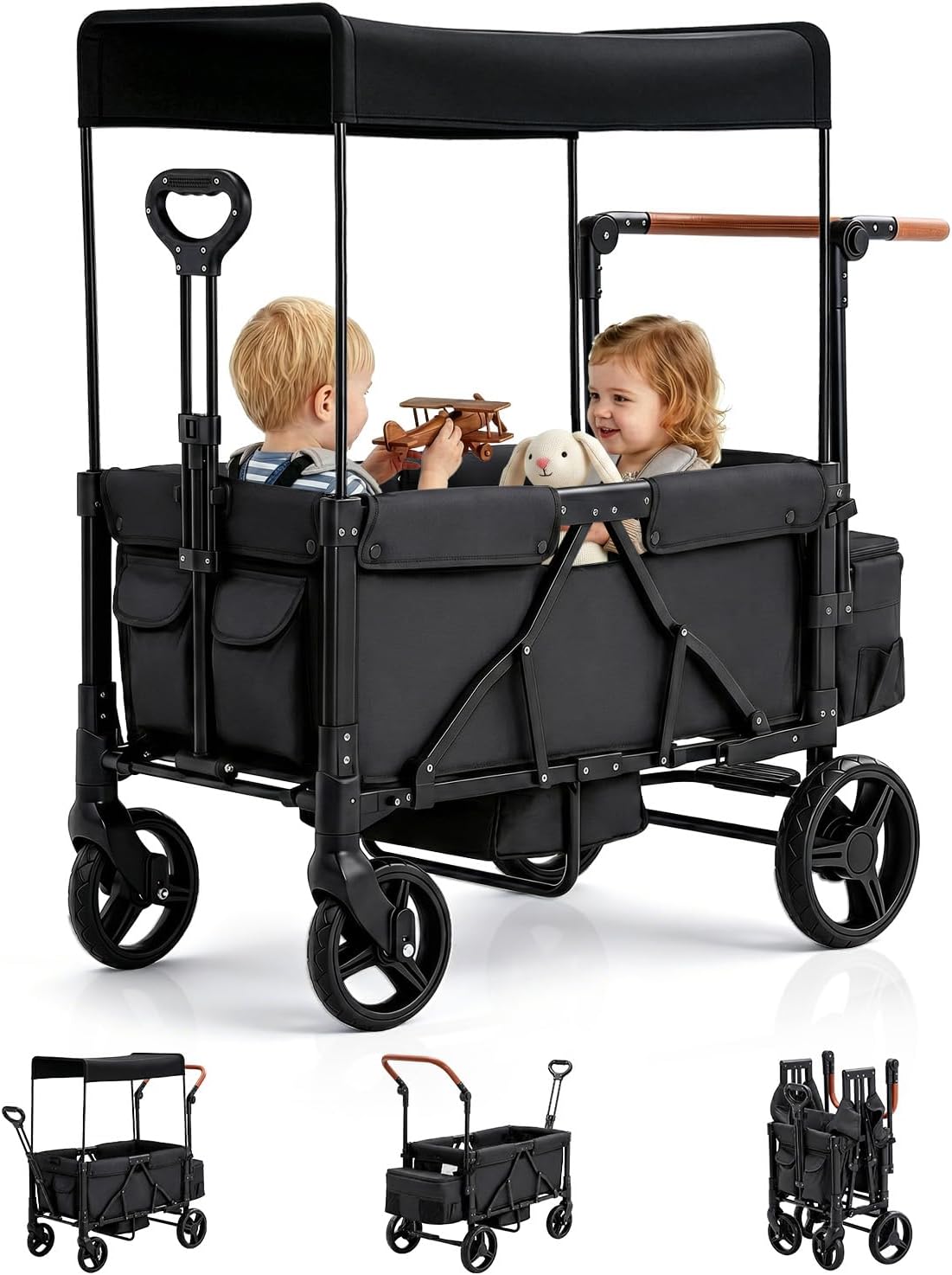 Foldable Wagon Stroller for 2-Seat with Canopy & Storage Bag Black | 5-Point Harness, Adjustable Push & Pull Handle, All-Terrain Wheel, Folded Size 34" x 22.4" x 16.5", One-Step Foot Brake