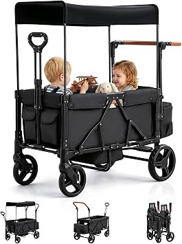 Foldable Wagon Stroller for 2-Seat with Canopy & Storage Bag Black