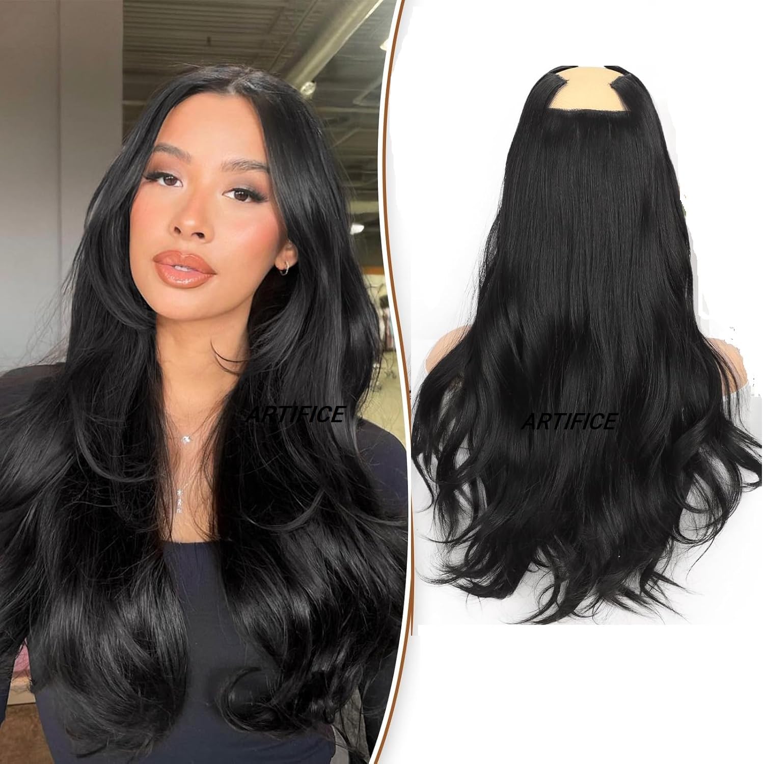 Artifice 6 Pcs 16 Clips Based 24 inch Multi Layered Women Long Curly Wavy Synthetic Hair Full Head Clip in Hair Extensions Pieces NATURAL BLACK