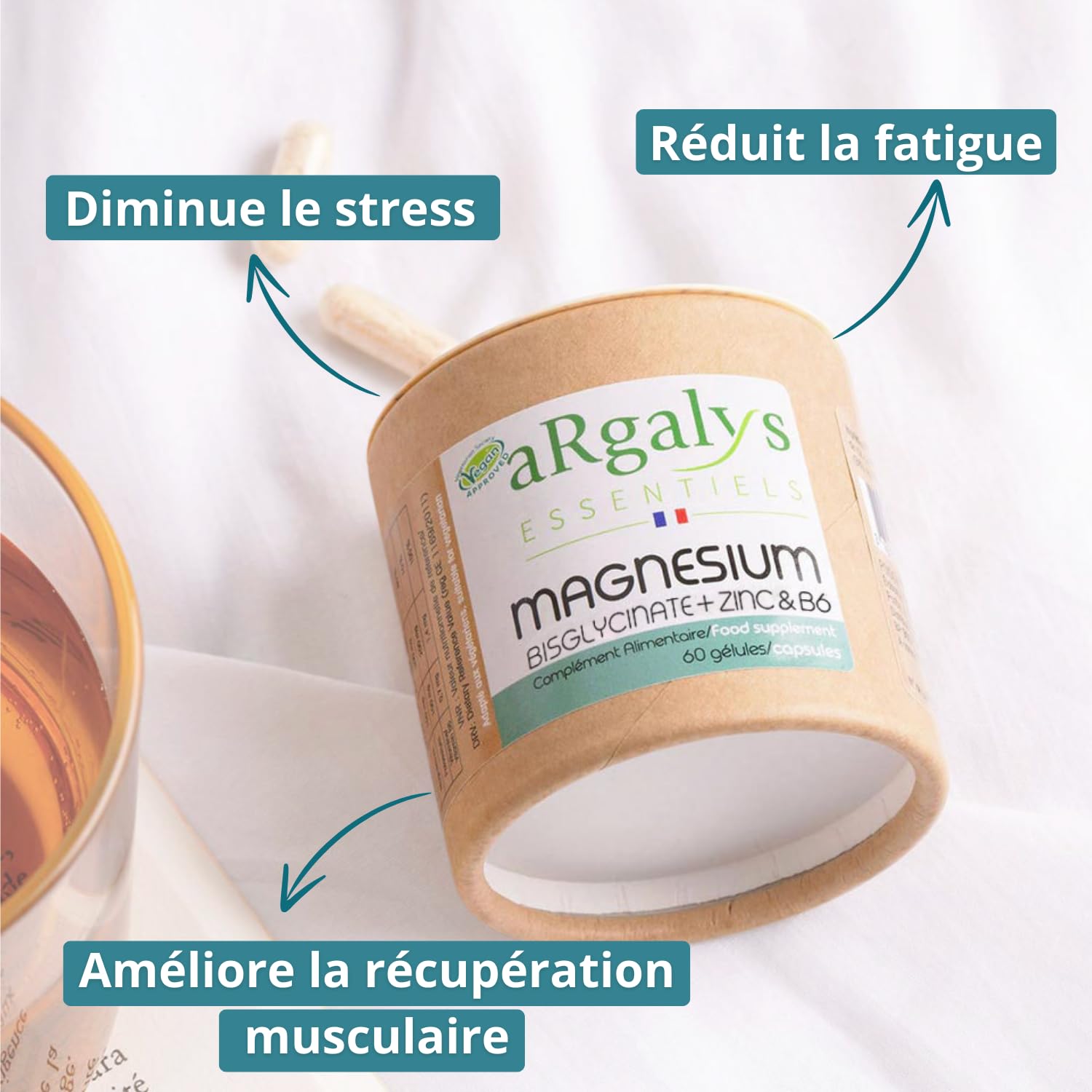 Magnésium Bisglycinate & Zinc Bisglycinate + Vitamine B6, Haute Teneur 300mg /j, Combat Fatigue - Stress, Biodisponibilité, 60 Gélules - Vegan, ZMA, Fabriqué en France, Argalys Essentiels