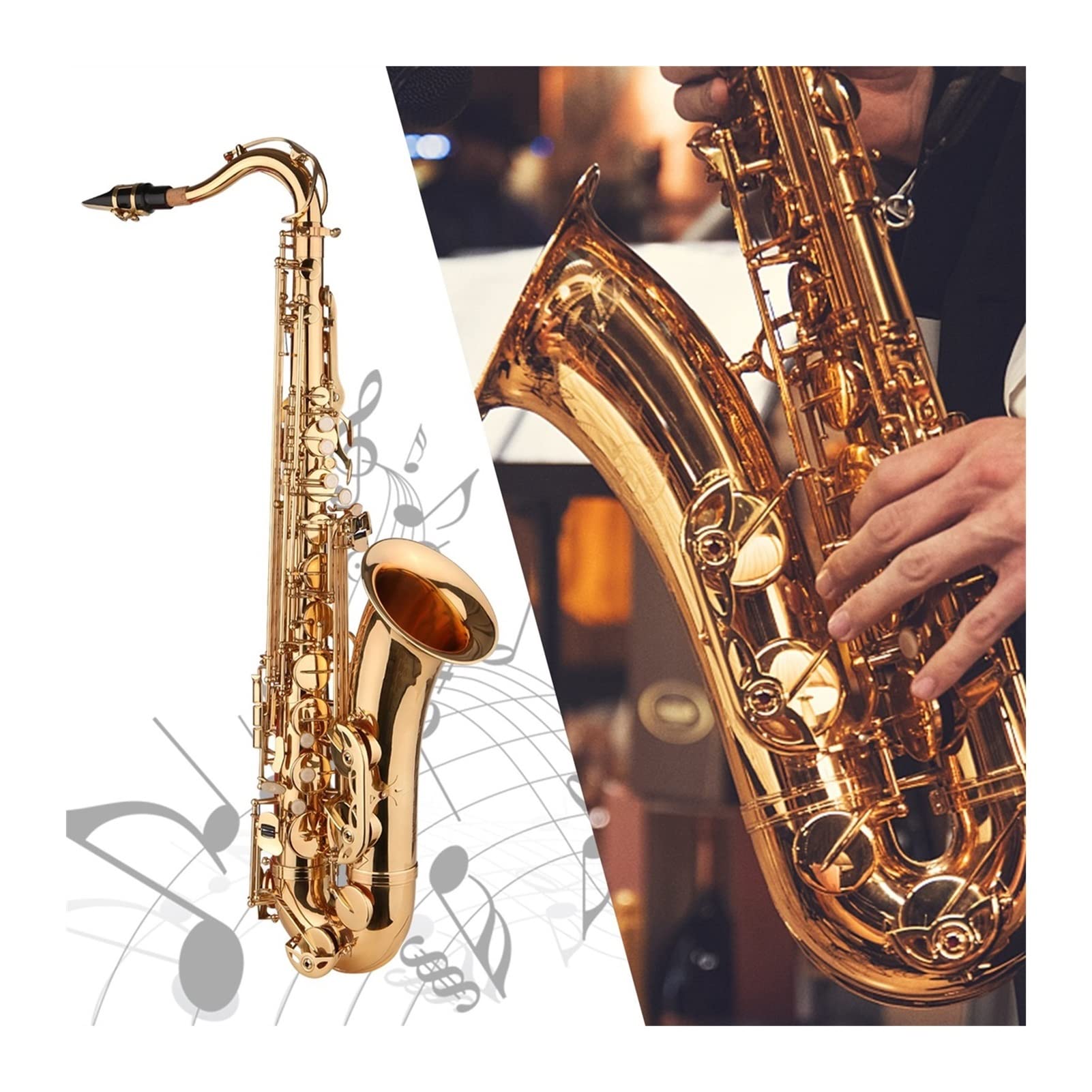 BB B- Flat Tenor Saxophone Chapado en Oro Sax con Estuche de Cargas de Cuello de Cuello para músicos Principiantes Saxofón Estudiante