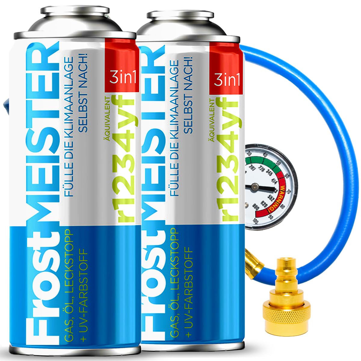 FrostMEISTER 3in1 – Auto-Klimaanlagen-Nachfüllset (2X 400 ml Dose + Schlauch mit Manometer & Adapter) – Ersatzkältemittel, Kompressoröl & Dichtmittel für R1234yf (ab Baujahr 2017)