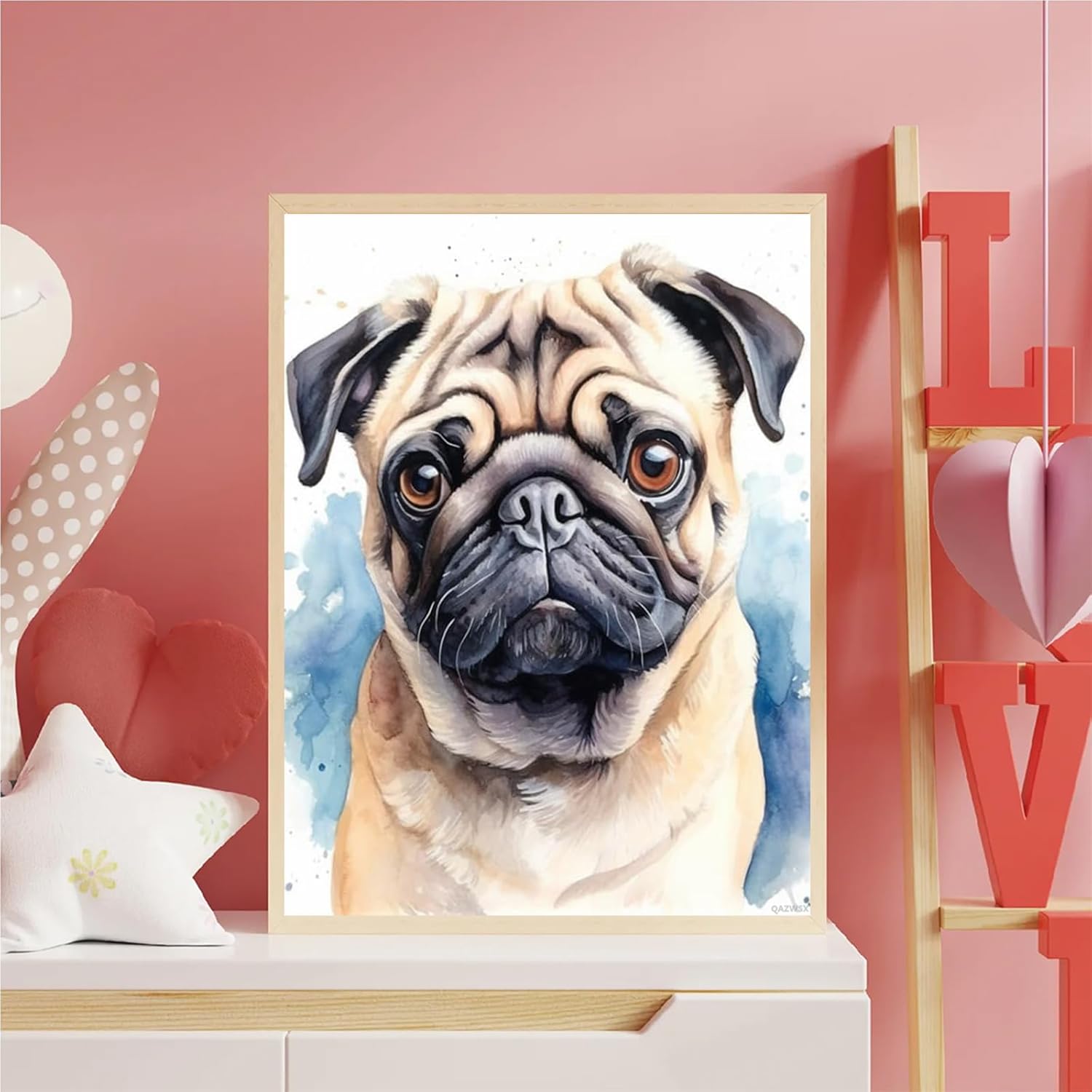 QAZWSX Christmas Gift Cute Pug Dog Watercolor Portrait 5D Diamond Painting Kits by Number for Adults Diamond Art Full Round Drill Craft Kits for New Year Valentine's Day Decor Gift 12x16 inch