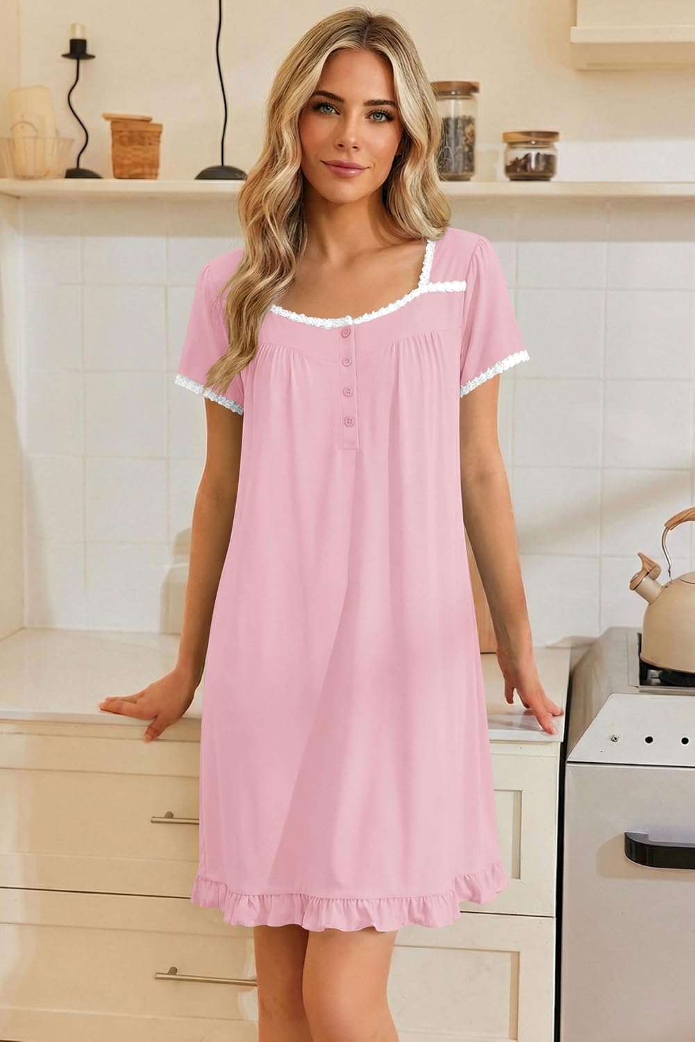 Ekouaer Nightgowns for Women Lace Trim Sleep Shirts Short Sleeve Night Shirts With Pockets Night Gown Ruffled Sleep Dress