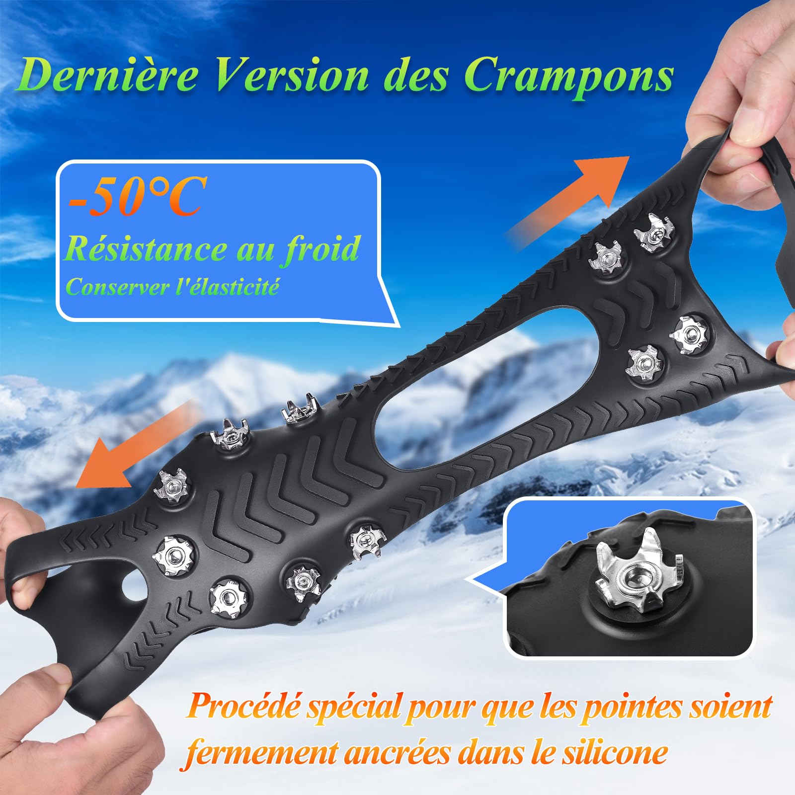 HONYAO Crampons, Crampon Neige Chaussures Bottes, Crampons à Glace pour Hommes Femmes, Véritables Pointes en Acier Inoxydable et Silicone Durable, Anti-Slip Crampons pour Marche Randonnée Pêche