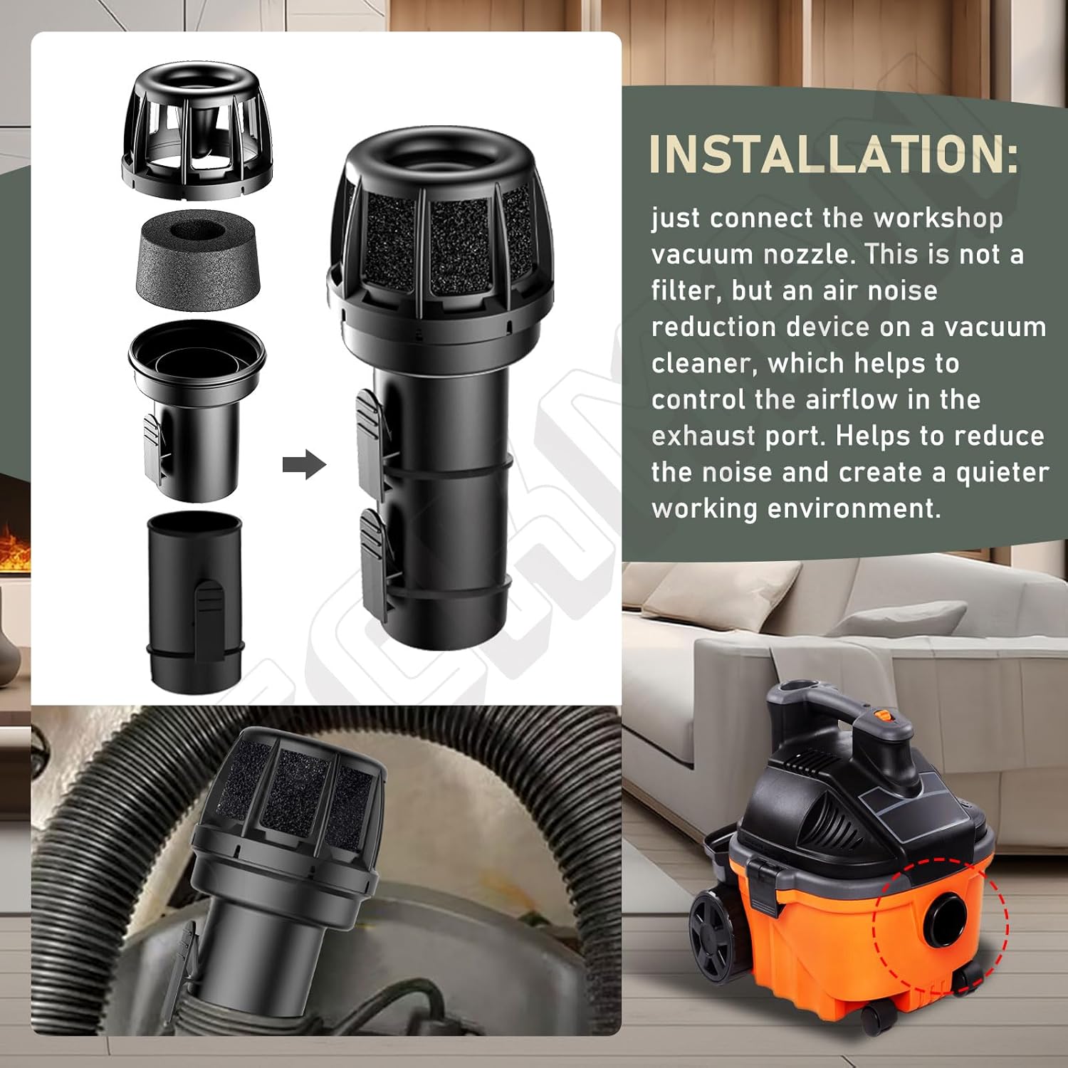 WS25025A VT2525 Wet/Dry Vacs Vacuum Muffler Diffuser - 2-1/2-Inch Diffuser Shop Vacuum Attachment for Most Shop Vacuums - Reduces Blown Debris and Dust - Black