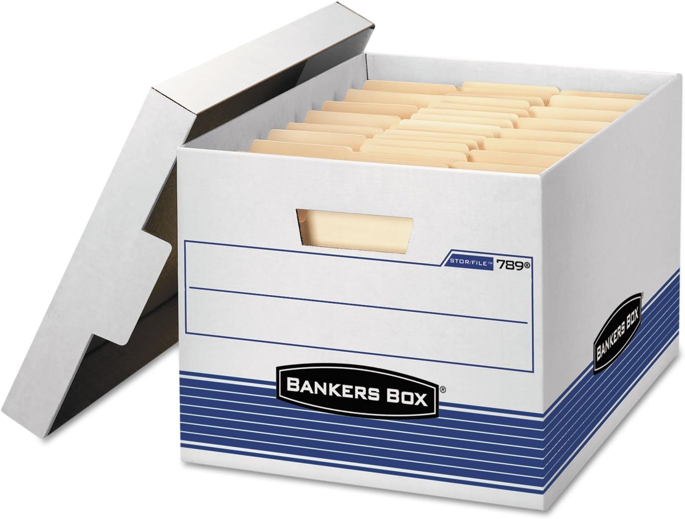 Bankers Box0078907 STOR/FILE Med-Duty Letter/Legal Storage Boxes, Locking Lid, White/Blue, 4/Carton