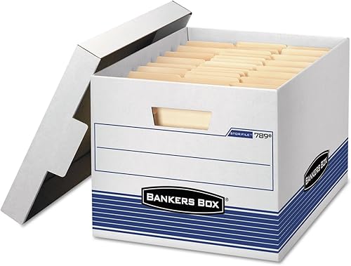 Bankers Box 0078907 STORFILE Cajas de almacenamiento para cartaslegales de servicio médico, tapa de bloqueo, blancoazul, 4cartón