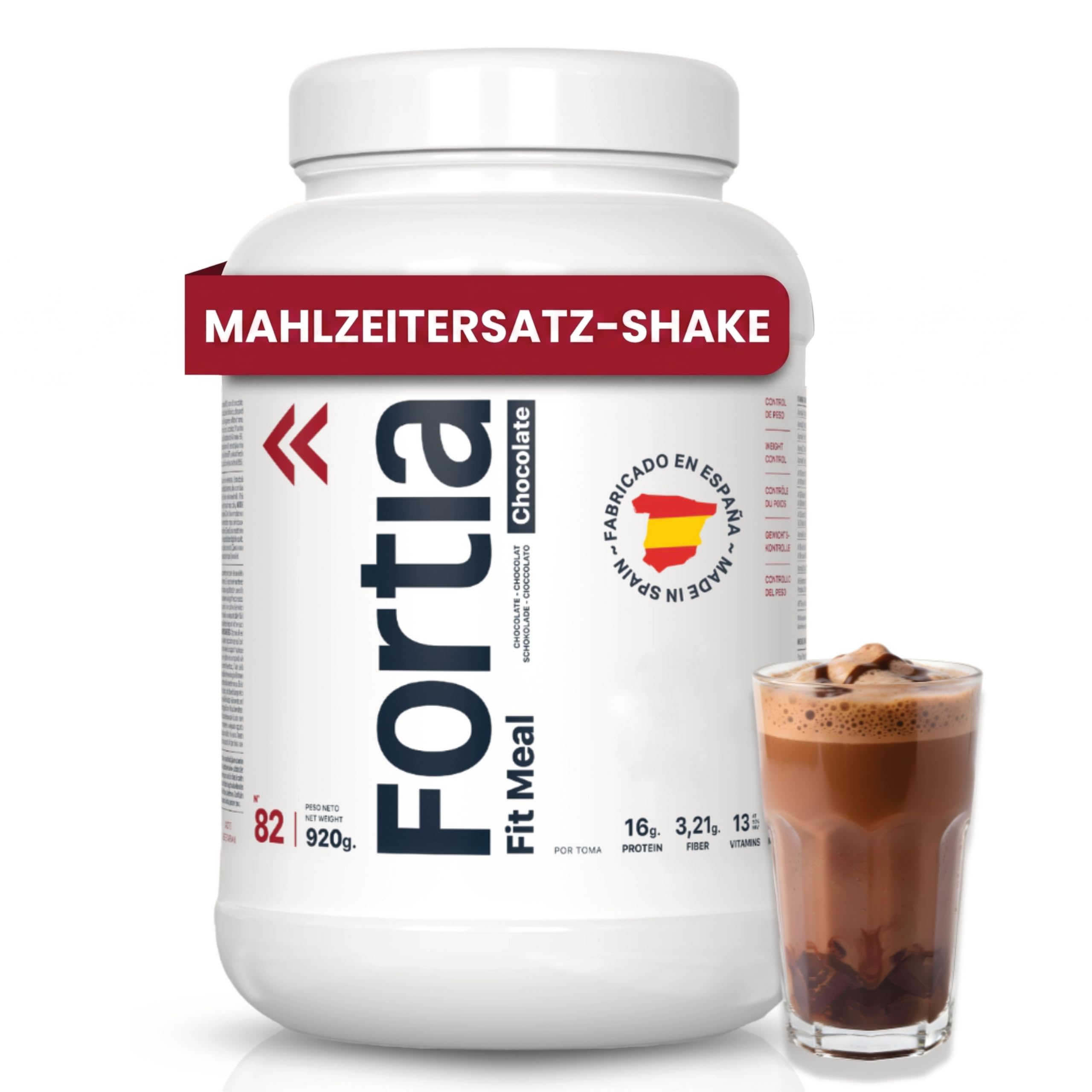 FORTIA Fit Meal Diät Shake Schokolade | Mahlzeitenersatz mit 16 g Protein, nur 141 kcal, ohne Zuckerzusatz | Trinkmahlzeit glutenfrei, ideal zum Abnehmen | 920 g, 23 Portionen