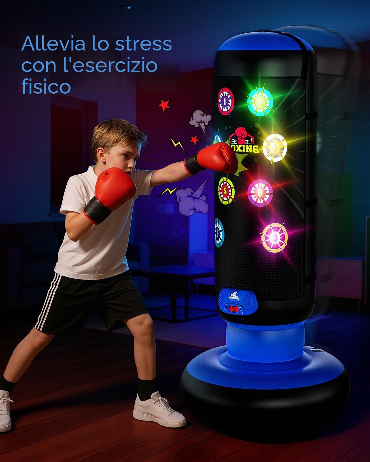 Hot Bee Sacco Da Boxe Per Bambini, Borsa Da Boxe Gonfiabile Interattiva Con Musica E Luce, Guanto Da Boxe Incluso, Per Regalo Dai 6 Ai 12 Anni (Blu)