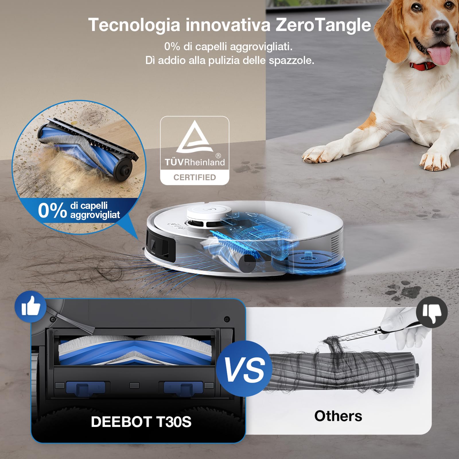 ECOVACS DEEBOT T30S Robot Lavapavimenti e Aspirapolvere, 11000Pa, Anti-grovigli, TruEdge™ Taglio Adattivo Bordi, Lavaggio Mocio ad Acqua Calda a 70°C, Sollevamento Mop 9mm, Evitamento Degli Ostacoli