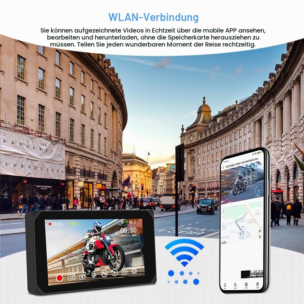 VSYSTO Motorrad DashCam, Wireless CarPlay & AndroidAuto Portable Car Stereo, 5" IPS Waterproof Touchscreen Dash Cam, HD1080P Front- und Heckkamera, Reifendrucksensor, Navigationsgerät (schwarz-CS5)