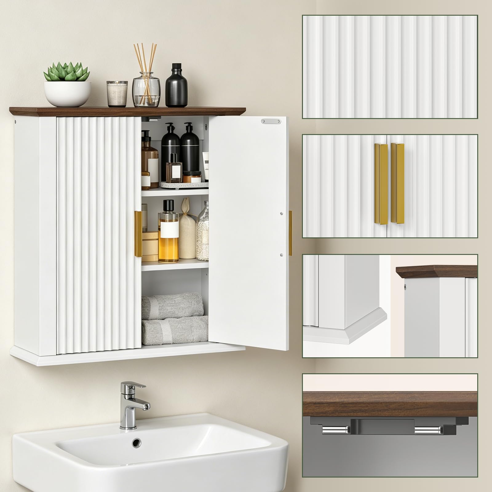 CHOEZON Armario de Pared para Baño, Gabinete con Diseño Ondulado, Estante Ajustable y Estilo Campestre, Mueble Colgante para Baño, Cocina, Lavandería, Blanco y Nogal