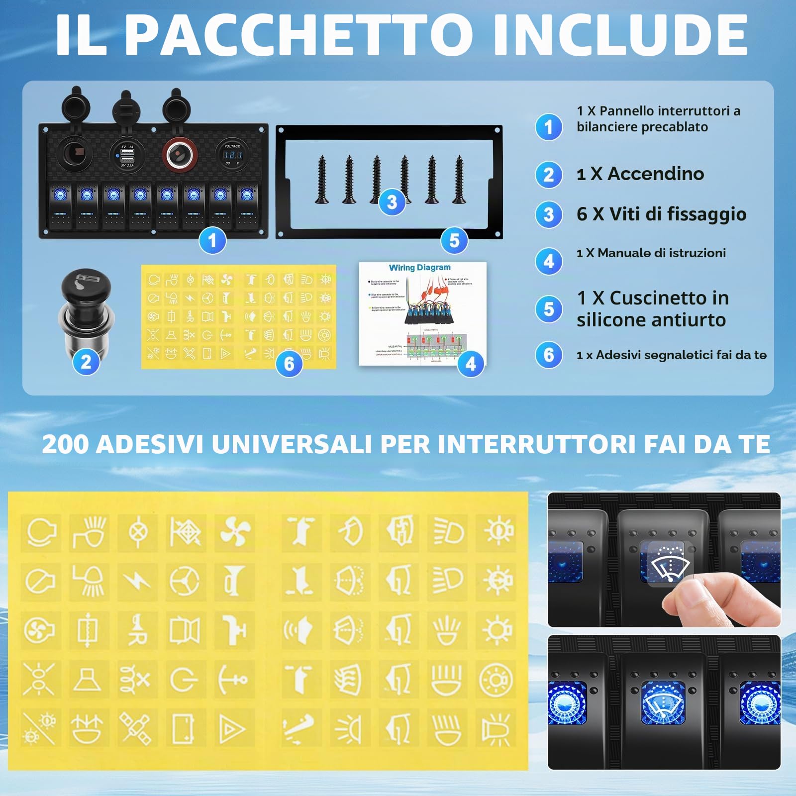 Geloo Pannello Interruttore a Bilanciere a 8 gang Impermeabile 4 in 1 multi-funzione, interruttore a levetta per Auto, Barca, Camper (Blue)