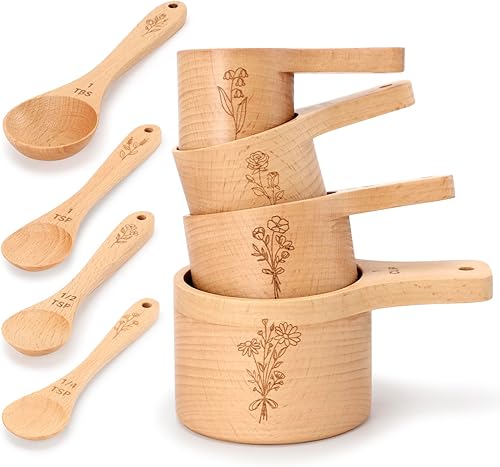 Miniatura 1 de Juego de 8 tazas y cucharas medidoras de madera floral  Juego de 8 accesorios de cocina de haya natural para harina, azúcar, especias para hornear,