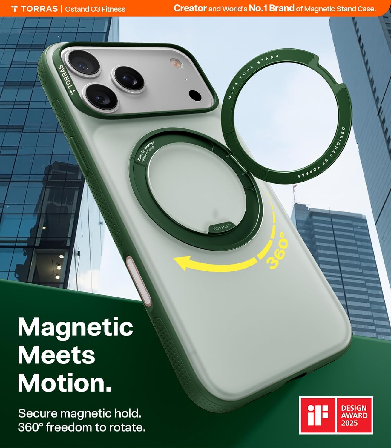 TORRAS 360 Magnetic Stand for iPhone 17 Pro Case, Ostand 3.0[Fit for MagSafe][4X Mil-Grade Shockproof] Rotatable Kickstand Protective Cover, Camera Control Button, Translucent Pine Green, O3 Fitness E-Pine Green For iPhone 17 Pro
