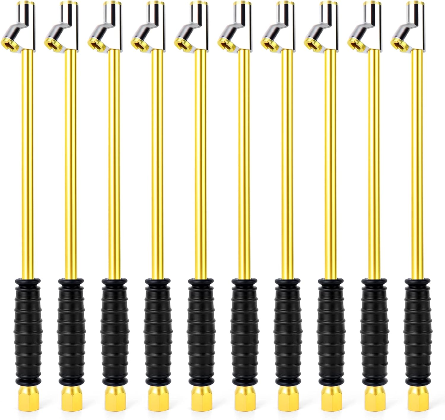 MEANLIN MEASURE 10PCS 1/4" FNPT Extended Reach Dual Head Air Chuck with Rubber Grip Handle, 2-Way Connection Extended Brass Air Chuck, Tire Chuck with Quick Plug for Semi, RV, Truck Dually Tires