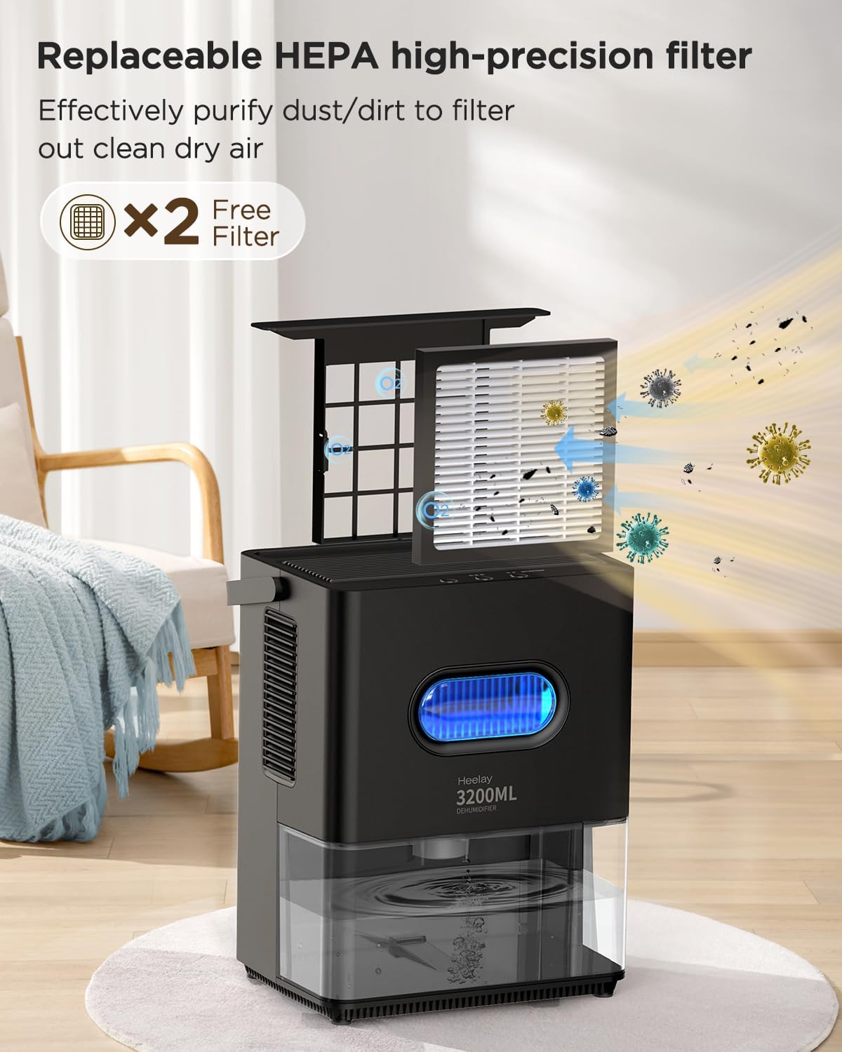 Esploso view of the dehumidifier showing the replaceable HEPA filter being inserted, with dust and particles being captured.