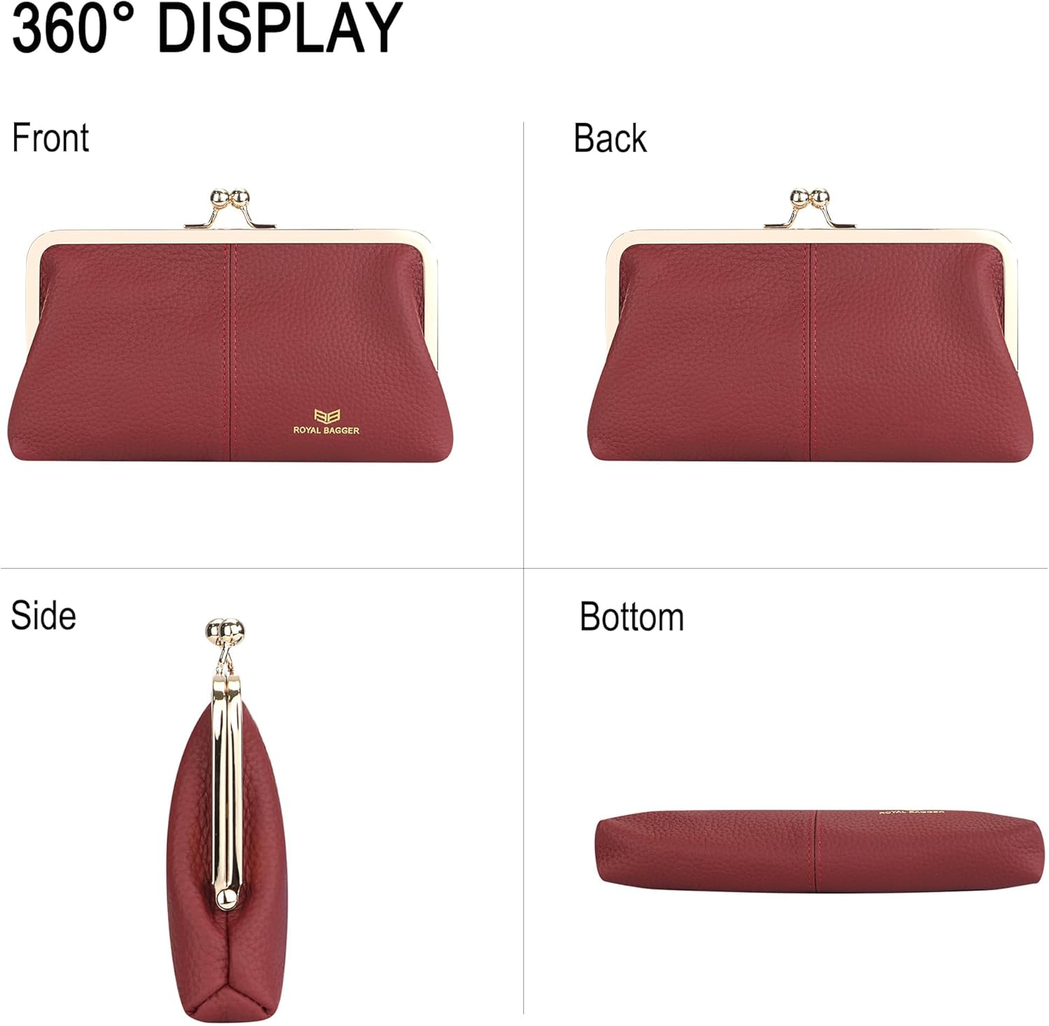 Royal Bagger RFID Kiss Lock Wallet, Solid Color Multi-card Slots Card Holder, Genuine Cow Leather Clutch Purses for Women 1468 (Pink) - Image 7