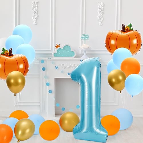 Miniatura 7 de Whaline 17 globos de calabaza para el primer cumpleaños, globos de calabaza número uno, globos azules, dorados, naranjas, para otoño, Acción de