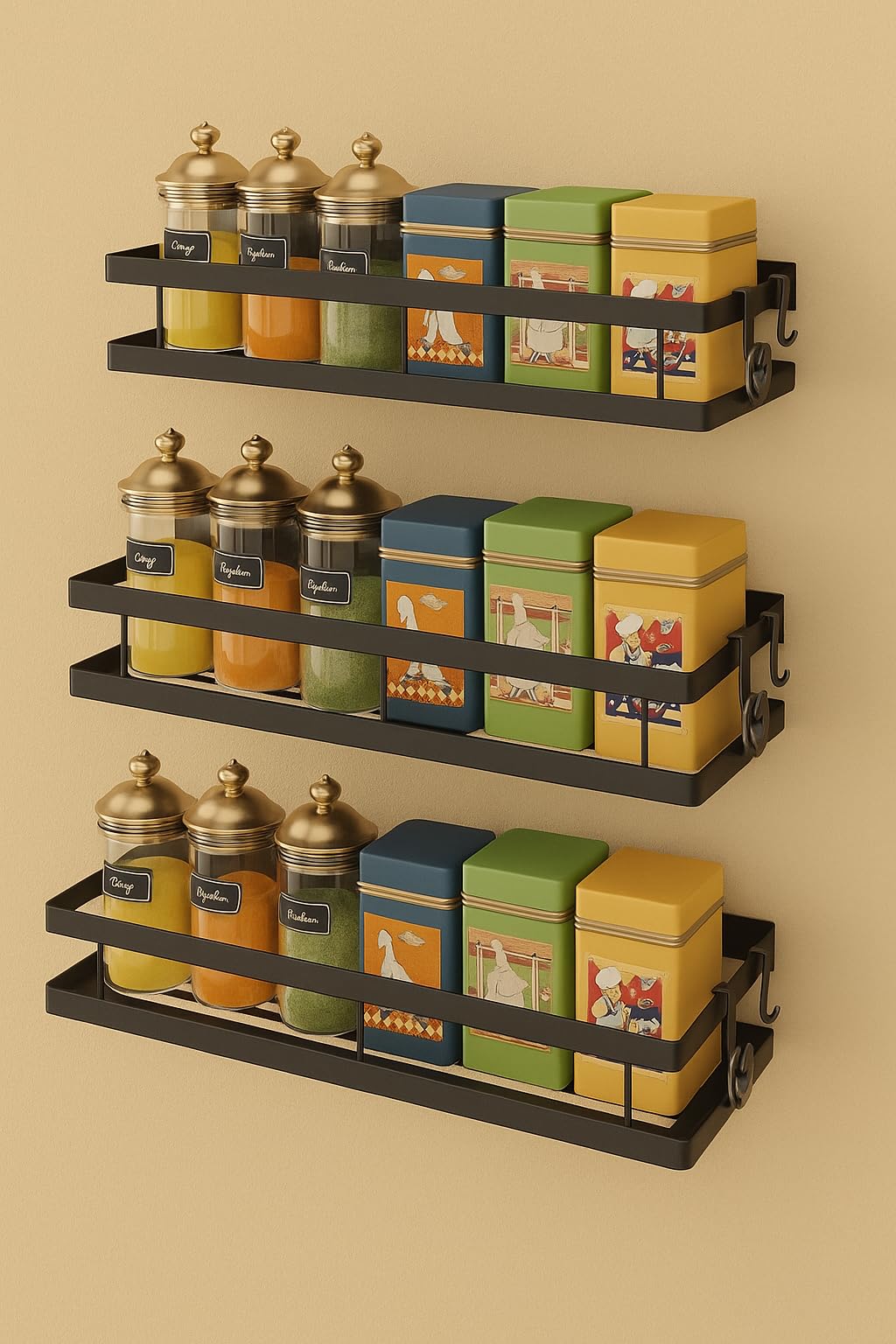 Pack of 3 Spice Rack Organizers – Wall-Mounted & Cabinet Floating Shelves for Spices, Seasonings & Jars – Space-Saving Kitchen Storage Racks in 3 Sizes (17", 16" & 15") for Pantry,