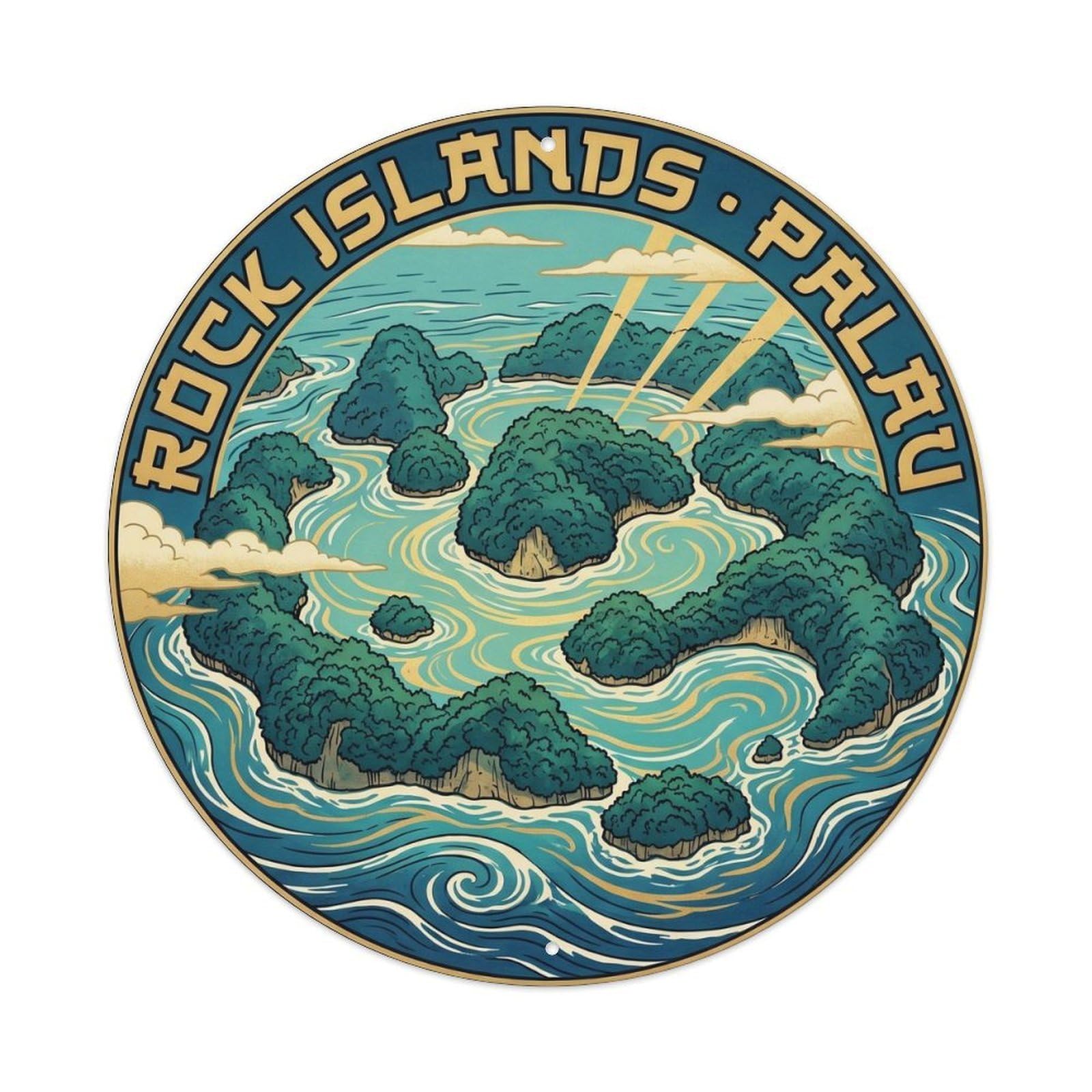 Olyhtr 8X8inch Classic Style Woodblock Palau Rock Islands Aerial Teal Gold Metal Tin Sign