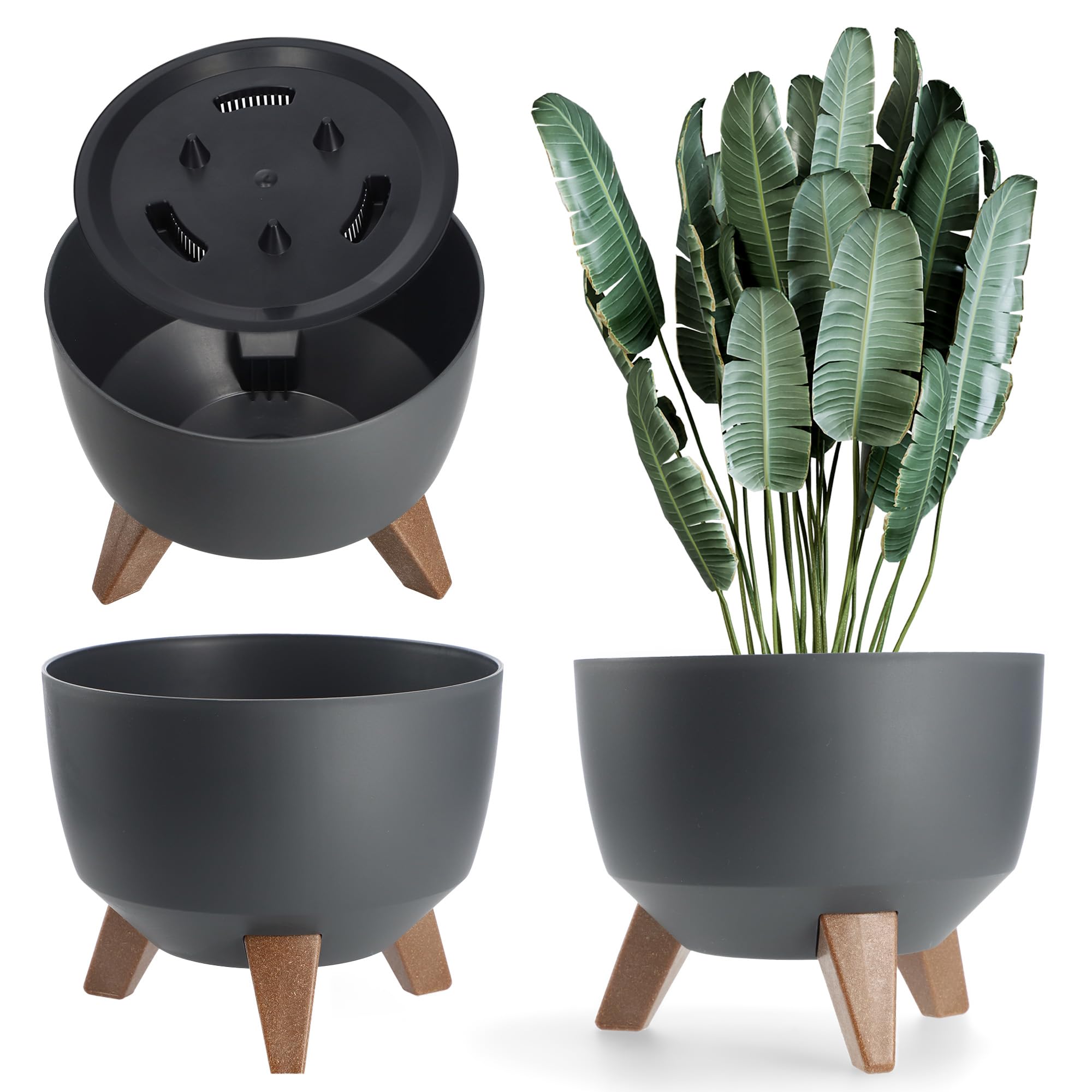 KADAX Maceta Decorativa de Plástico con Soporte Integrado, Macetero con Tres Patas de Imitación Madera para Interior y Exterior (Gris, 24 cm)