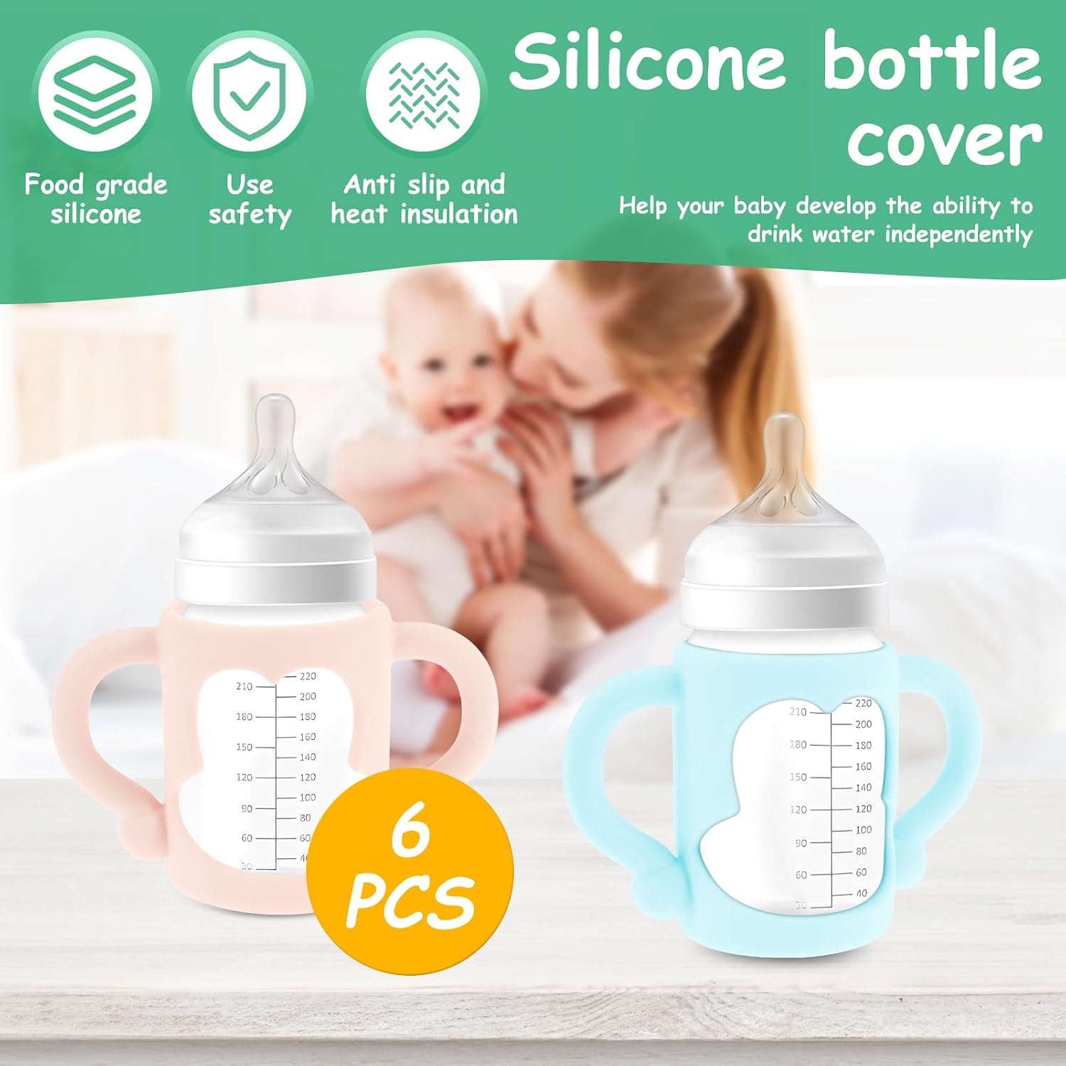 6 Packs Silicone Baby Bottle Handles, Baby Feeding Bottles Holder Grips, Food Grade Anti-Breakage Easy Grip Bottle with Handles for Kid Daily Use, Dishwasher Safe