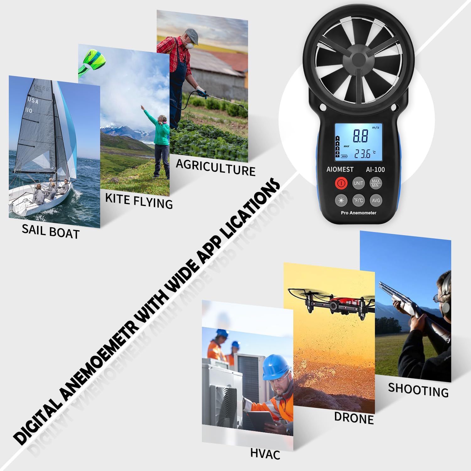 AIOMEST Digital Anemometer, Handheld Wind Speed Meter AI-100, Airflow Gauge Measures Air Temperature ℃/℉ Velocity for HVAC with Wind Chill Backlight