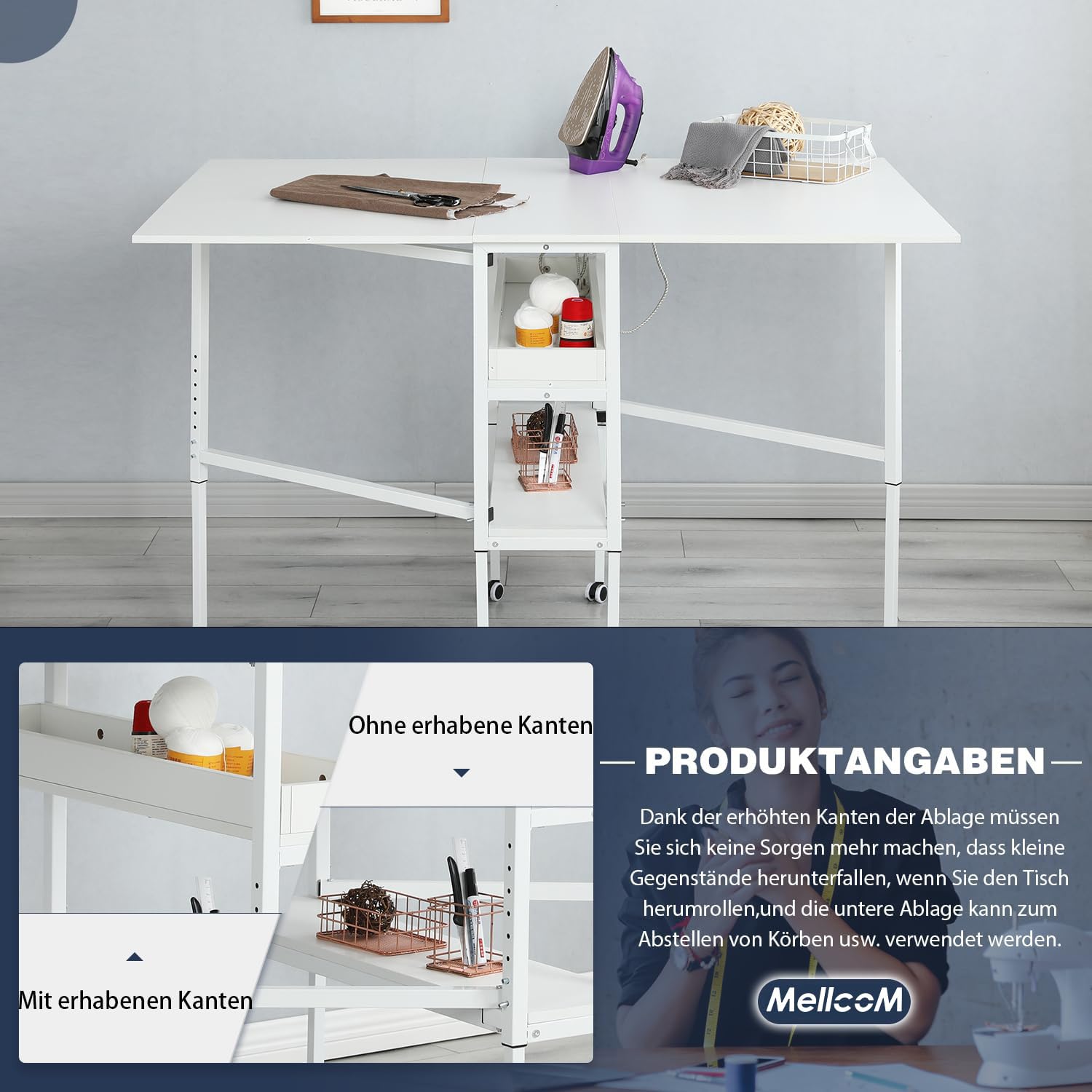 Nähtisch Klappbar,Verstellbare Höhe,Holz Klapptisch mit Rädern und Stauraum,Mobiler Zuschneidetisch für große Stoffe,für Nähzimmer Arbeitszimmer Schlafzimmer zu Hause,Weiß