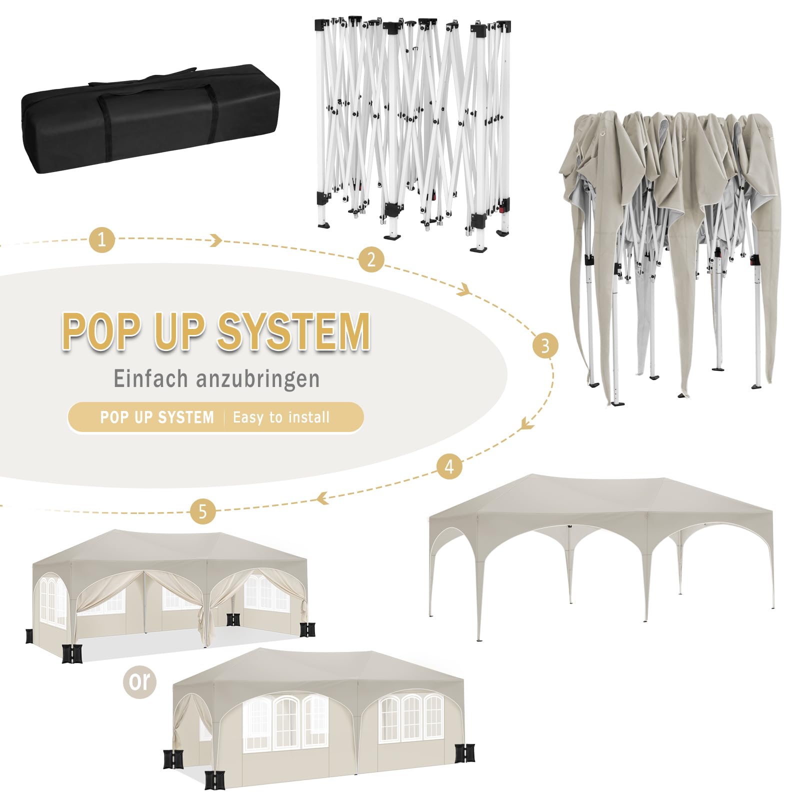 WOLTU Tonnelle de Jardin, Pergola, Barnum, Tonnelle Pliante 3x6m avec 6 Parois Latérales et 4 Sacs de Sable, Gazebo, Hauteur Réglable, Imperméable, Protection de UV, avec Sac de Transport Beige