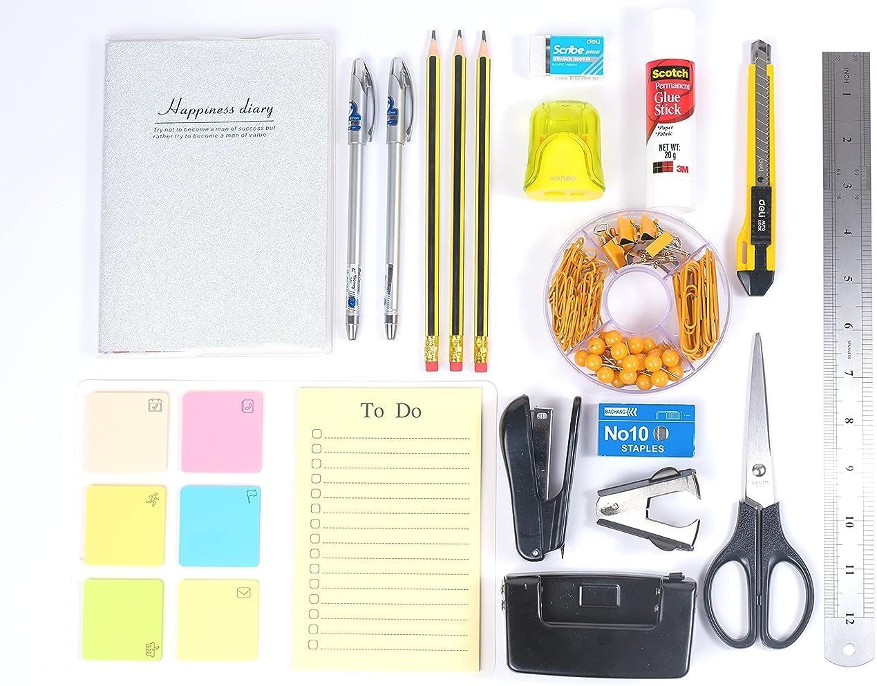 18-Category Stationery Set, Desktop Accessory Kit, School Stationery, Supply Kit, Pen, Binder Clips, Scissors, Stapler, Staple Remover, Sticky Note, Paper Clip, Hole Punch