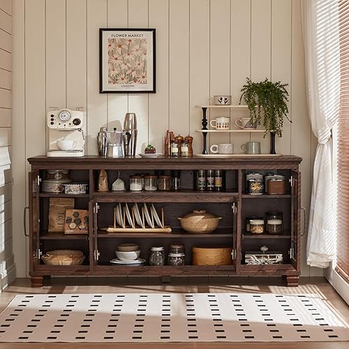 Miniatura 4 de Armario de buffet grande con almacenamiento, nogal vintage de 60 pulgadas de ancho con puertas de vidrio y patas de madera, mesa de café de cocina