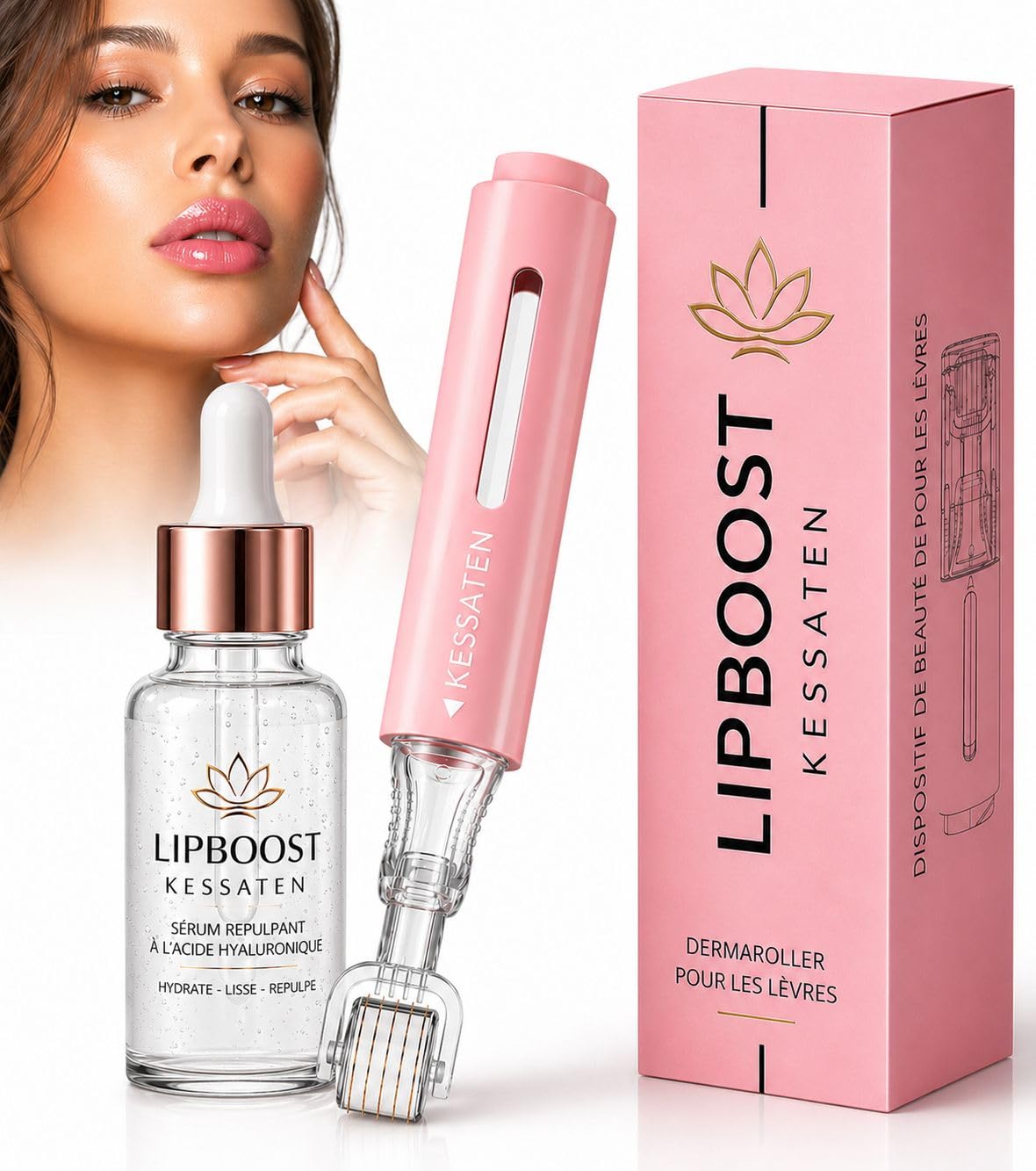 Lip Boost – Repulpeur Lèvres Microneedling – Dermaroller Lèvres 0,25 mm Réservoir – Sérum Acide Hyaluronique + 140 Aiguilles Titane – Lèvres Pulpeuses Sans Injection – Ebook Offert