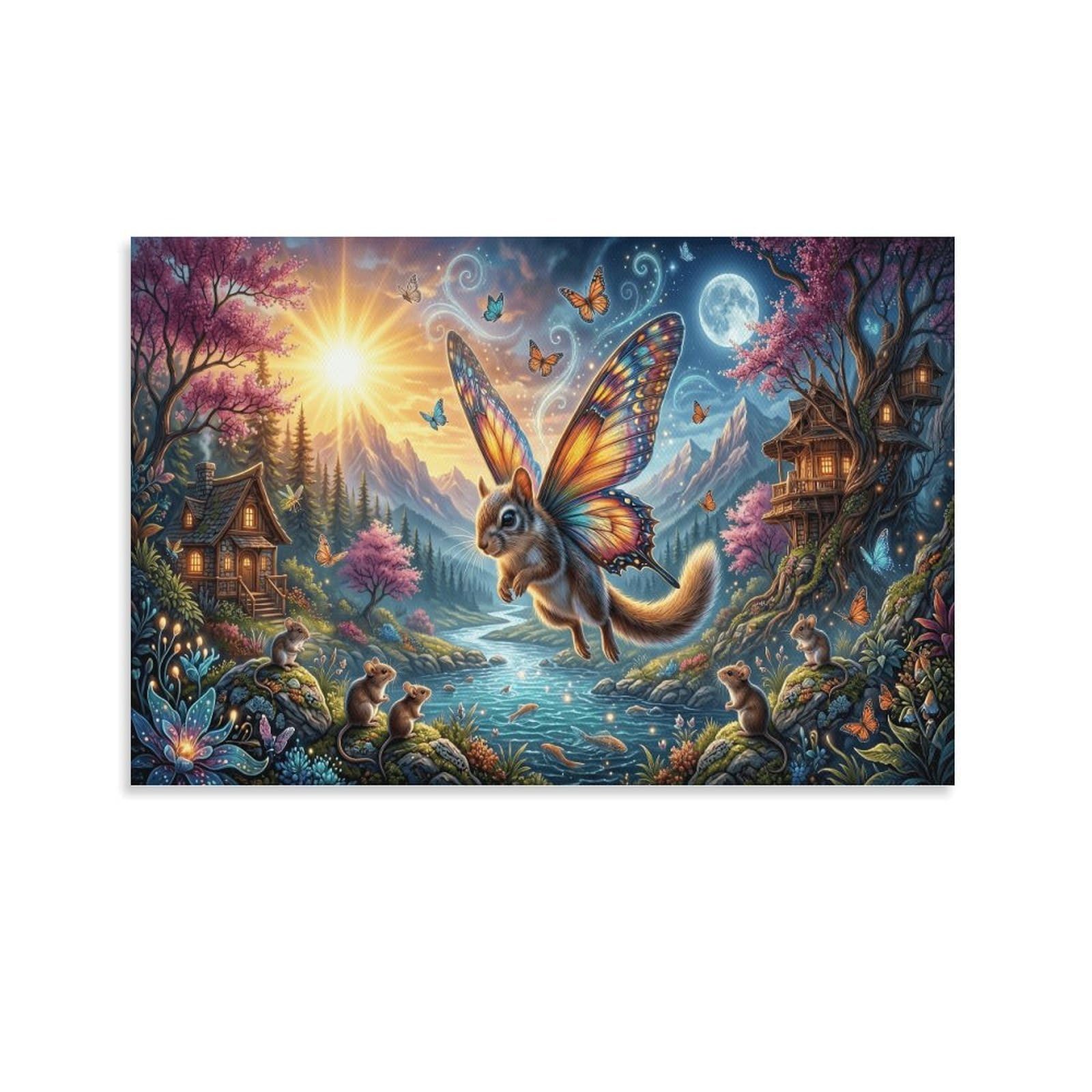 XPASHIQWC Butterfly‑Wing Squirrel Poster Artwork Valley Treehouse Giclee Canvas Prints Modern Wall Art Picture Wall Hanging for Living Room Bedroom Home Decorations 20x30inch(50x75cm)