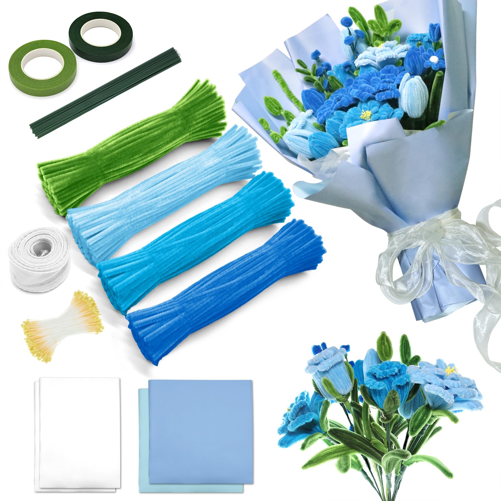 IJIAMY 400 Stück Pfeifenreiniger Blumen Set, Pfeifenputzer Blumen Zum Basteln, Mit Grüne Blumenstöcke, Klebebandrollen, Klebestifte