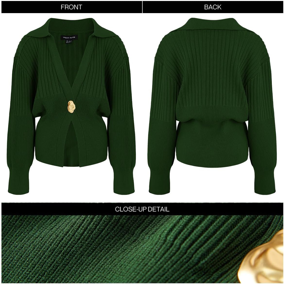 URBAN REVIVO Women's Cardigan V-Neck Lapel Long Sleeve Knitted Cropped Casual Sweater with Metal Button 2025