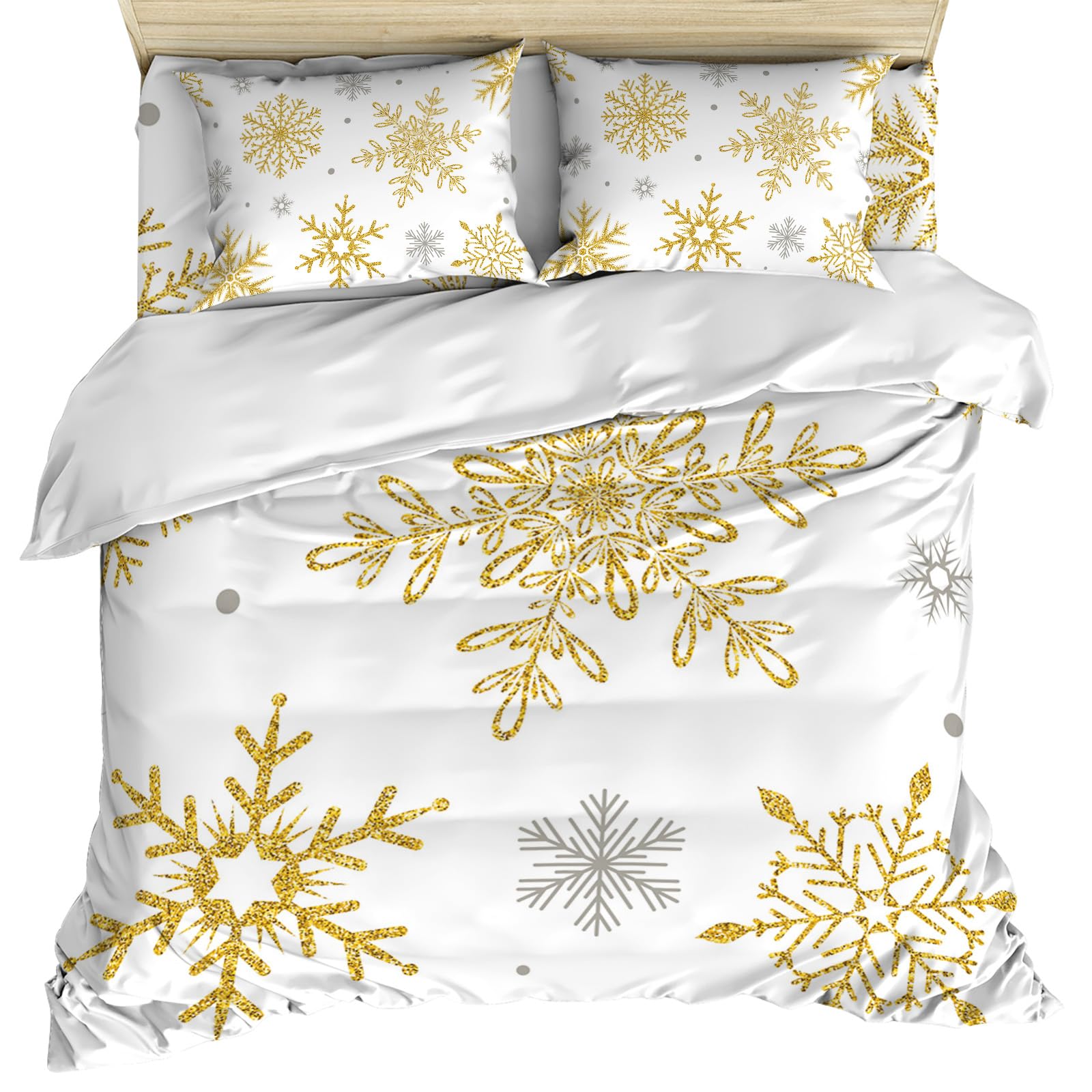 Luxury 4 Piece Bedding Set Full Size, Christmas Duvet/Comforter/Quilt Cover Set with Bed Sheet Pillow Shams for Teens/Adults/School Romantic White Golden Snowflake