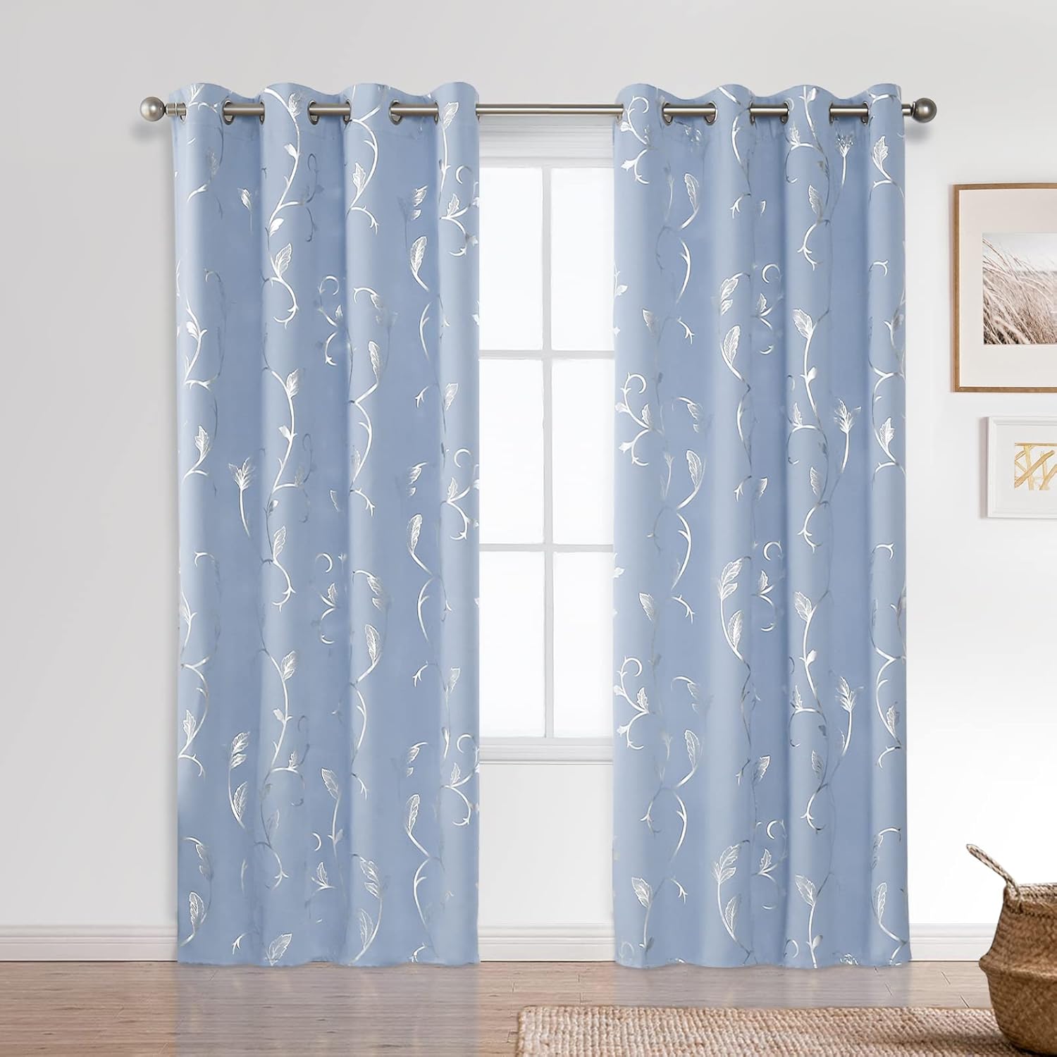 BUHUA Wave Floral Vine Print Blackout Curtains for Living Room Darkening Curtains Print Pattern Light Blocking Curtains for Bedroom 52W×84L Light Blue 2 Panels