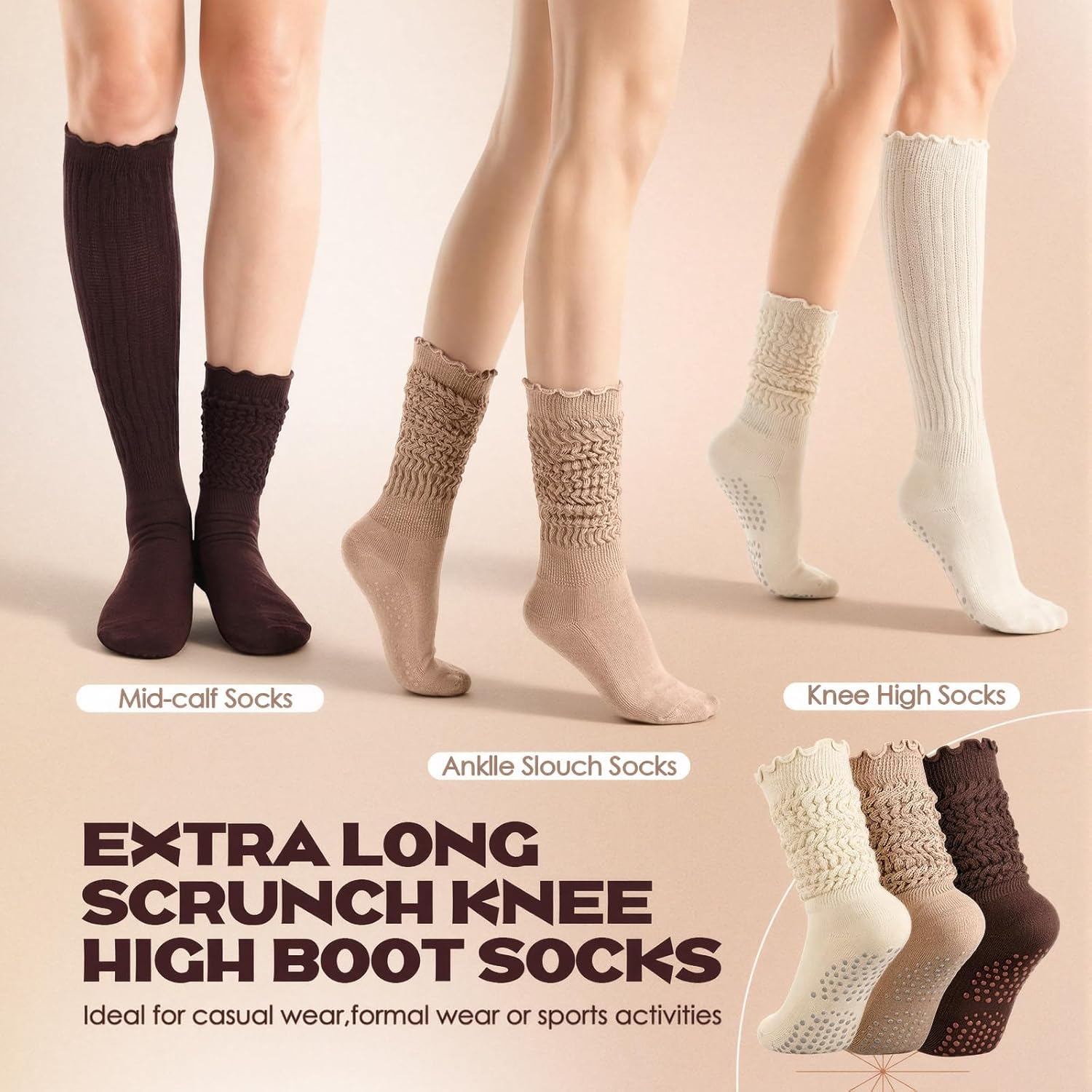 3 Pairs Pilates Grip Ruffle Socks for Women Yoga Grippy Ruffle Long Slouch Sock Non Slip Barre Hospital Socks - Image 5