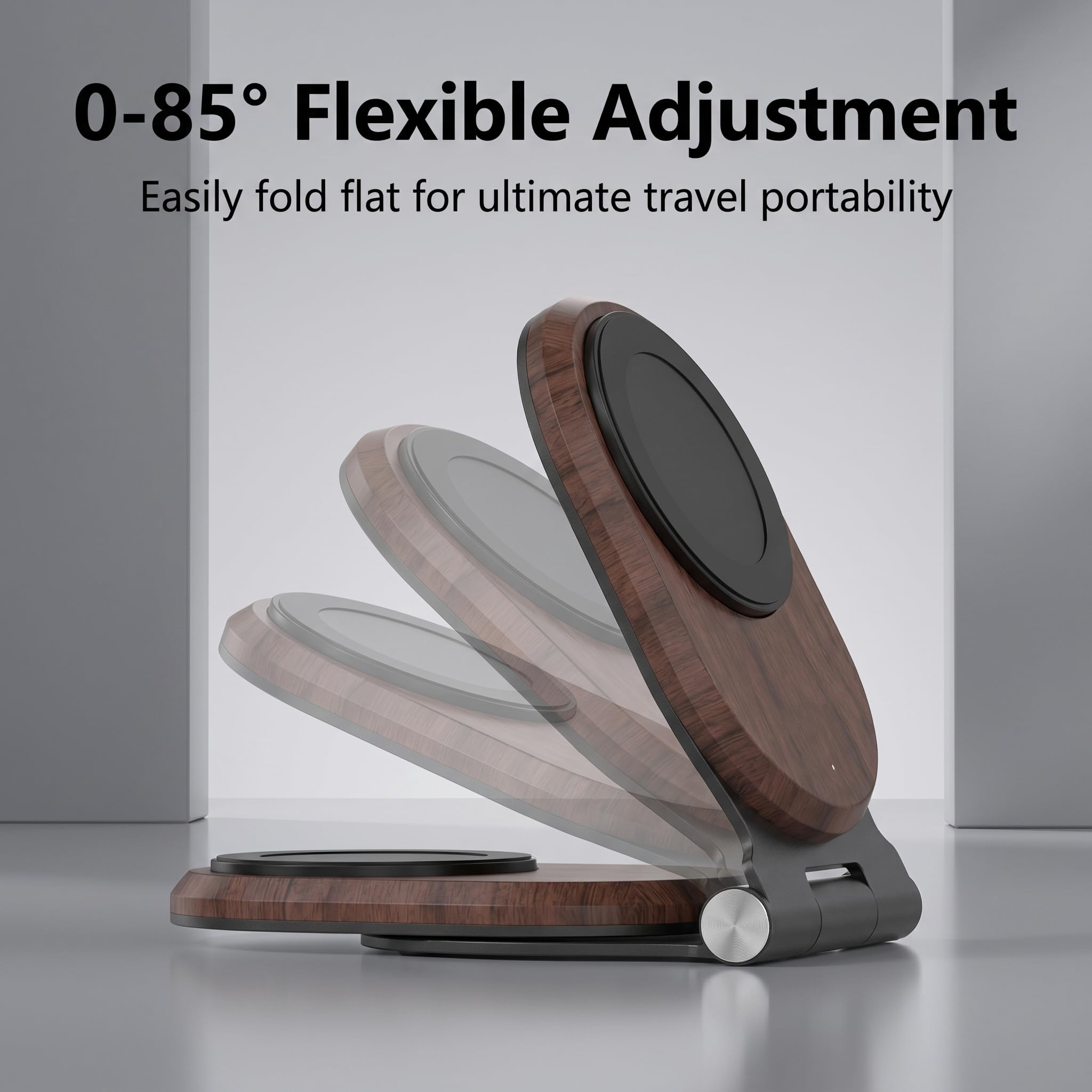 Soporte magnético de madera de nogal, base de carga rápida plegable de 15 W con ángulo ajustable de 0 a 85°, compatible con MagSafe para iPhone 17/16/15/14/13/12, decoración de escritorio y