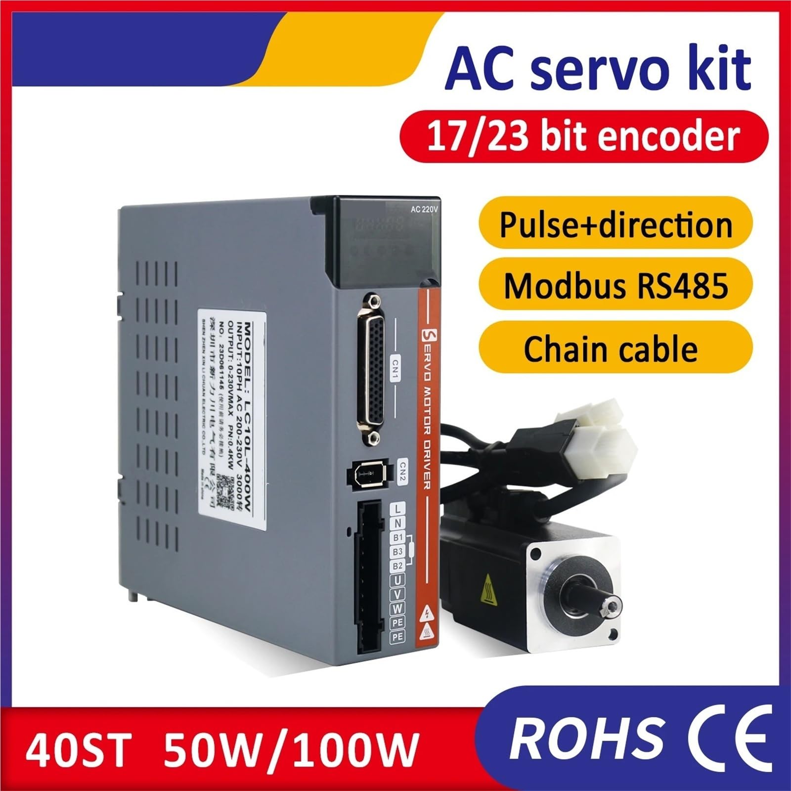 Servomotor Industrie-Servomotor 100 W 0,32 Nm 3000 U/min mit Treibersatz 220 V Impulsrichtung und MODBUS RS485-Steuerung(23bit absolute)