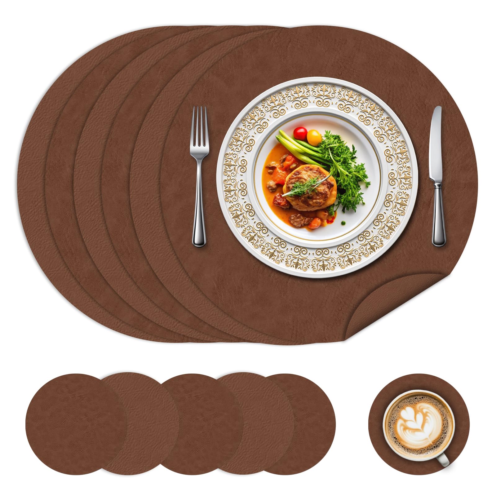 Round Faux Leather Placemats and Coasters Set of 6,38 Cm Dual Sided Non-Slip and Waterproof Kitchen Place Mats,Heat Resistant Reusable Table Mats for Kitchen, Restaurant, Dining Table（Brown）