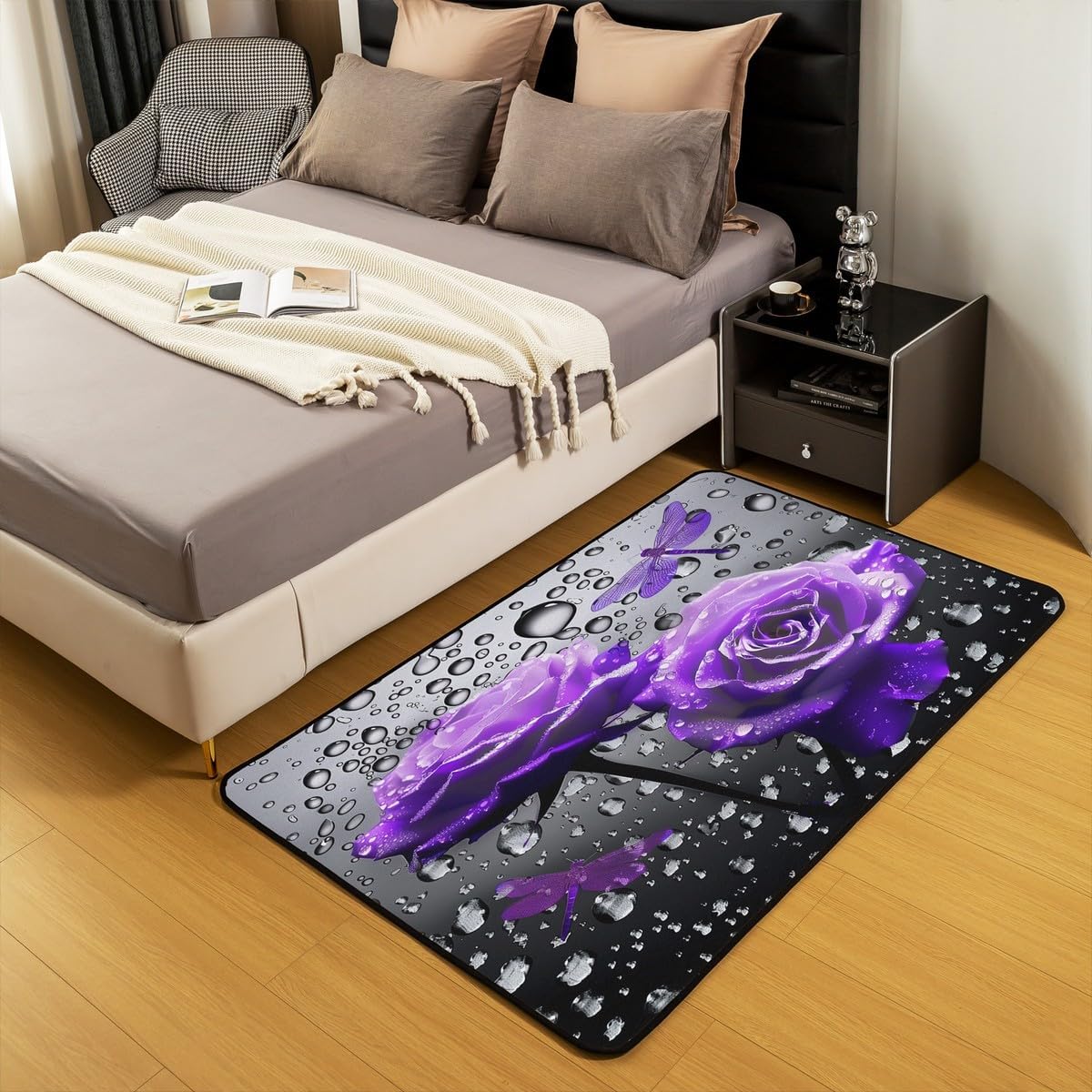Erosebridal Purple Rose Area Rug 3x5, Florals Dragonflies Blossom 3D Water Carpet, Petals Flowers Botanical Washable Indoor Floor Mat, Romantic Valentine's Day Decorative Rug
